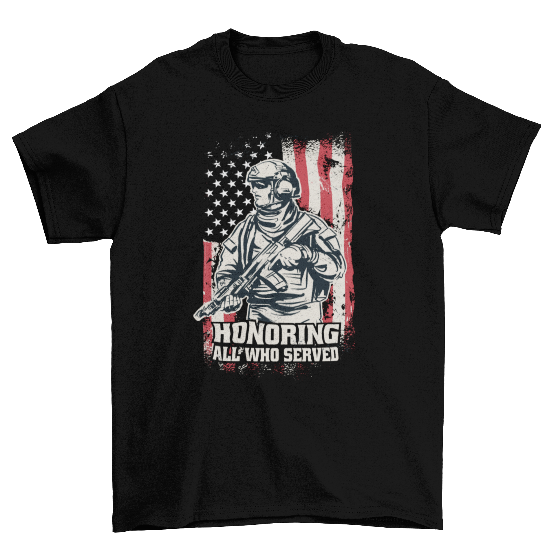 Veterans Day USA soldier t-shirt featuring a soldier with a gun over the American flag and the quote 'Honoring all who served'.