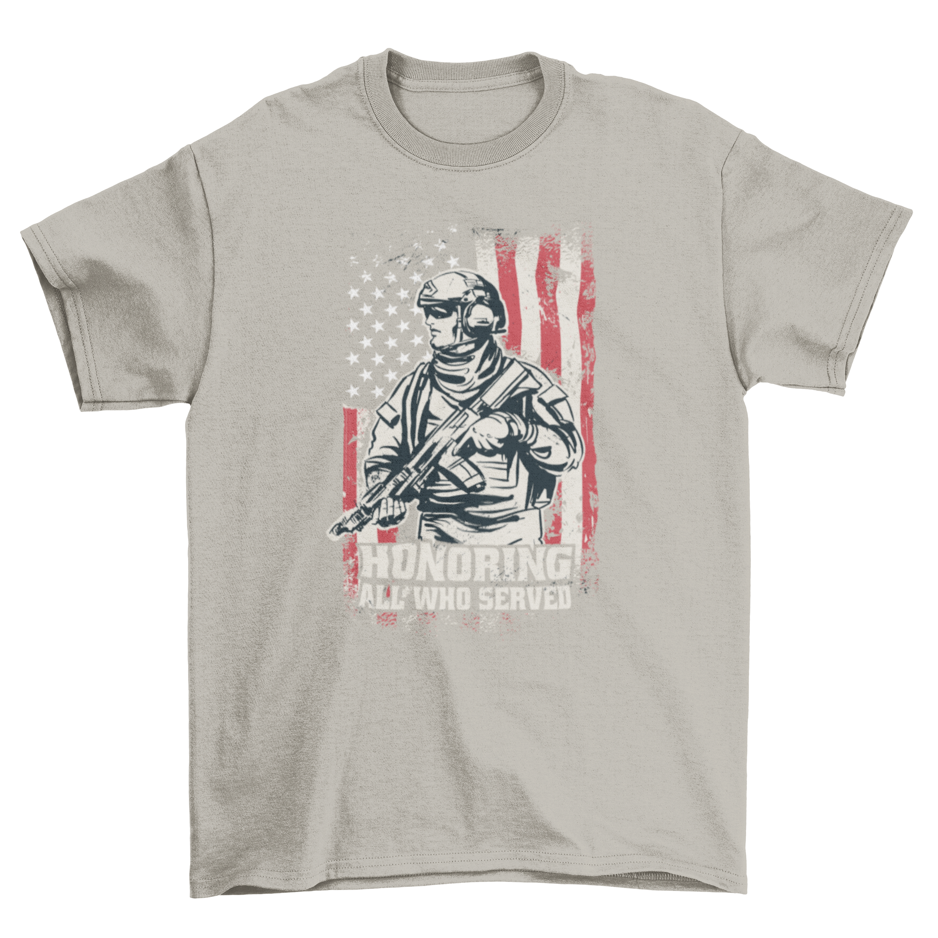 Veterans Day USA soldier t-shirt featuring a soldier with a gun over the American flag and the quote 'Honoring all who served'.