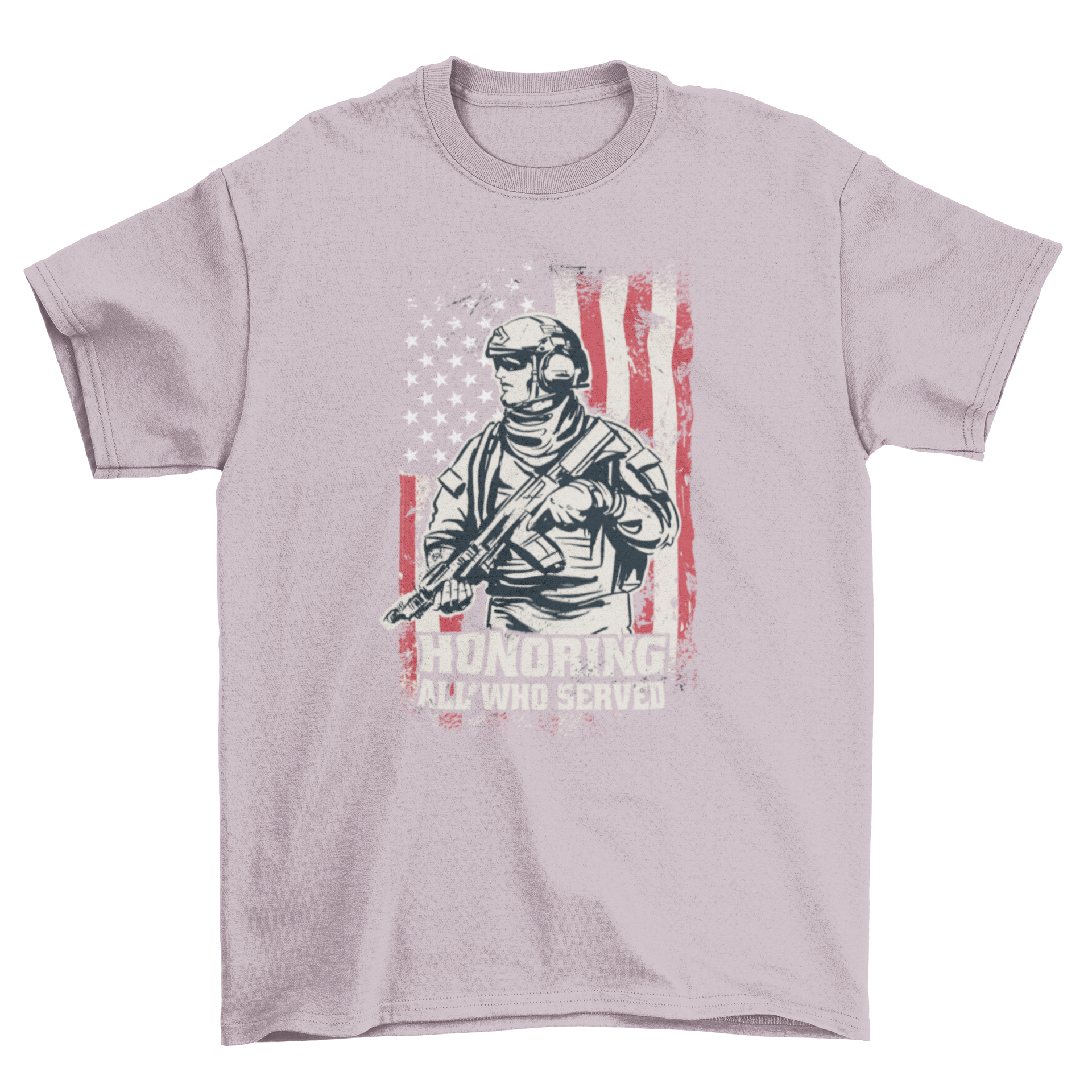 Veterans Day USA soldier t-shirt featuring a soldier with a gun over the American flag and the quote 'Honoring all who served'.
