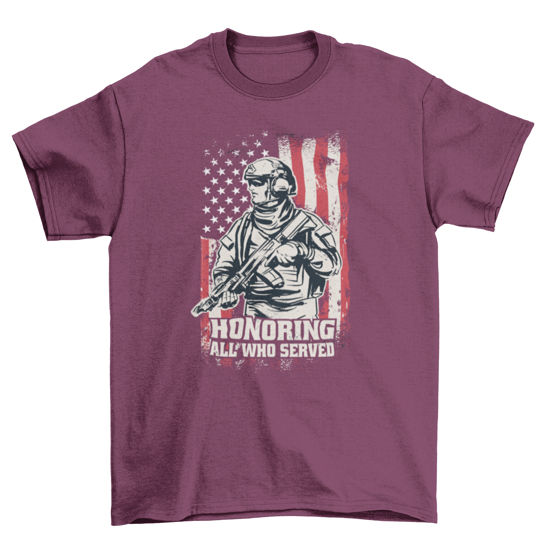 Veterans Day USA soldier t-shirt featuring a soldier with a gun over the American flag and the quote 'Honoring all who served'.
