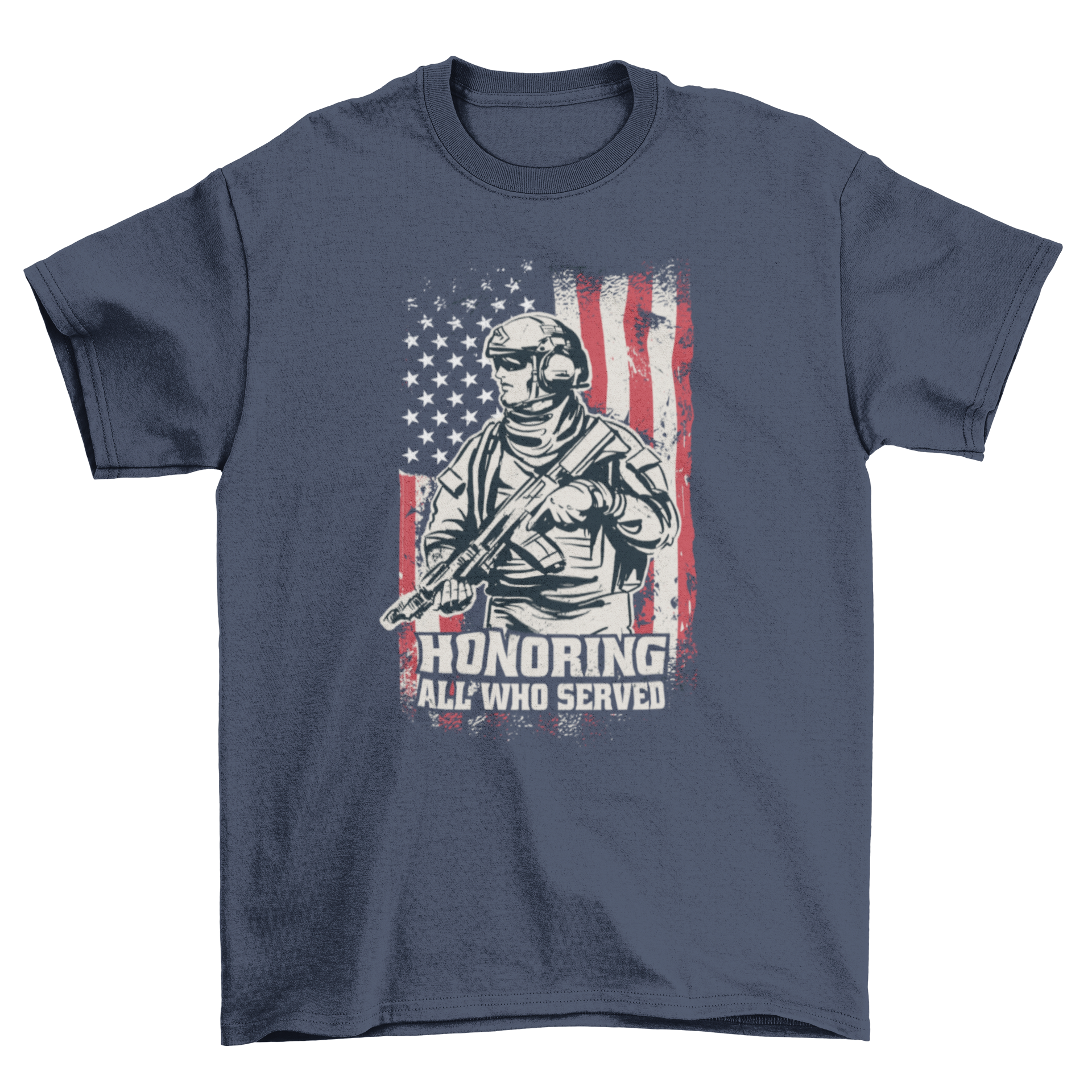 Veterans Day USA soldier t-shirt featuring a soldier with a gun over the American flag and the quote 'Honoring all who served'.