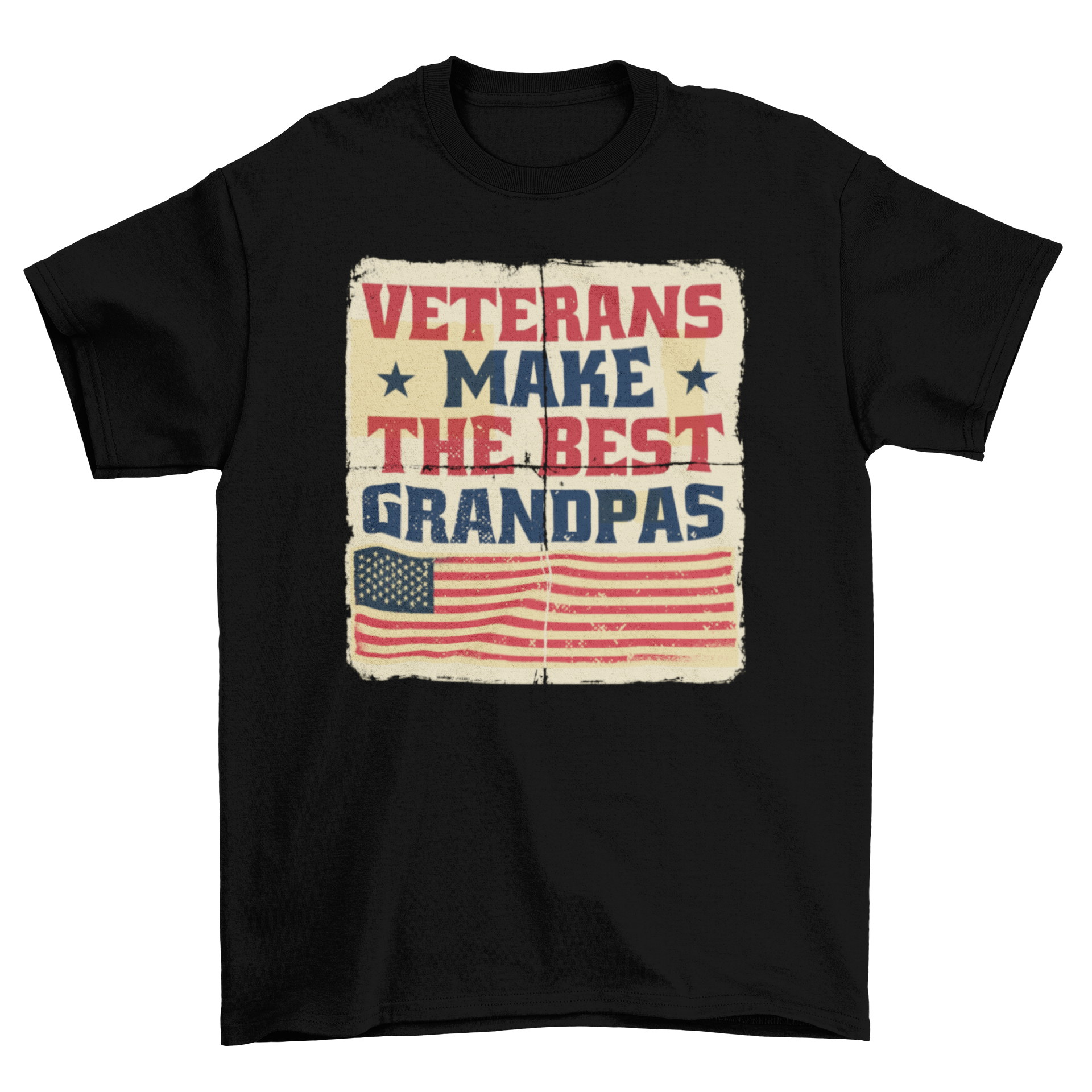 Vintage t-shirt featuring the quote 'Veterans make the best grandpas' with an American flag design.