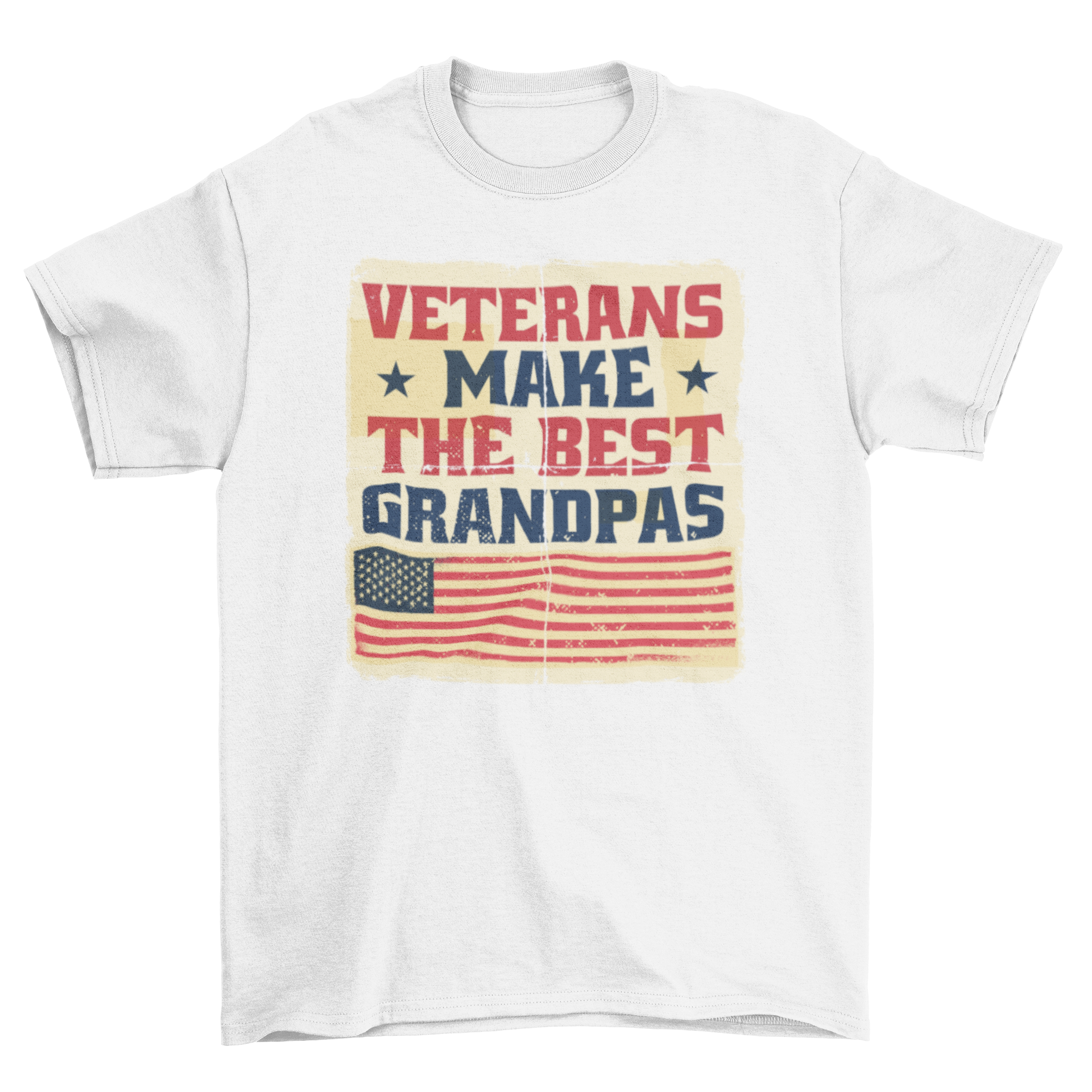 Vintage t-shirt featuring the quote 'Veterans make the best grandpas' with an American flag design.