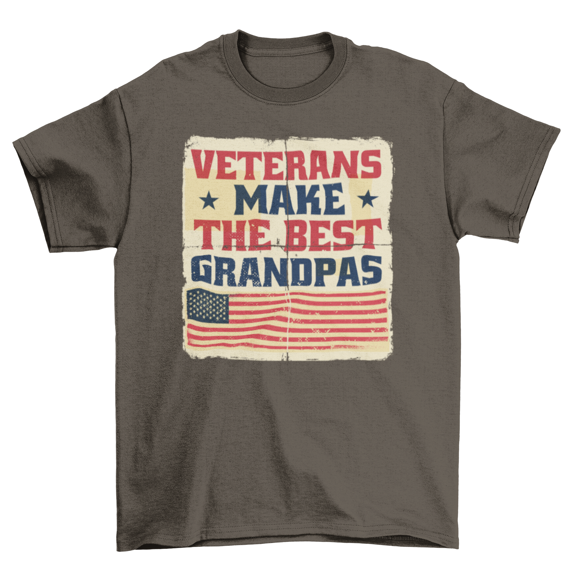 Vintage t-shirt featuring the quote 'Veterans make the best grandpas' with an American flag design.