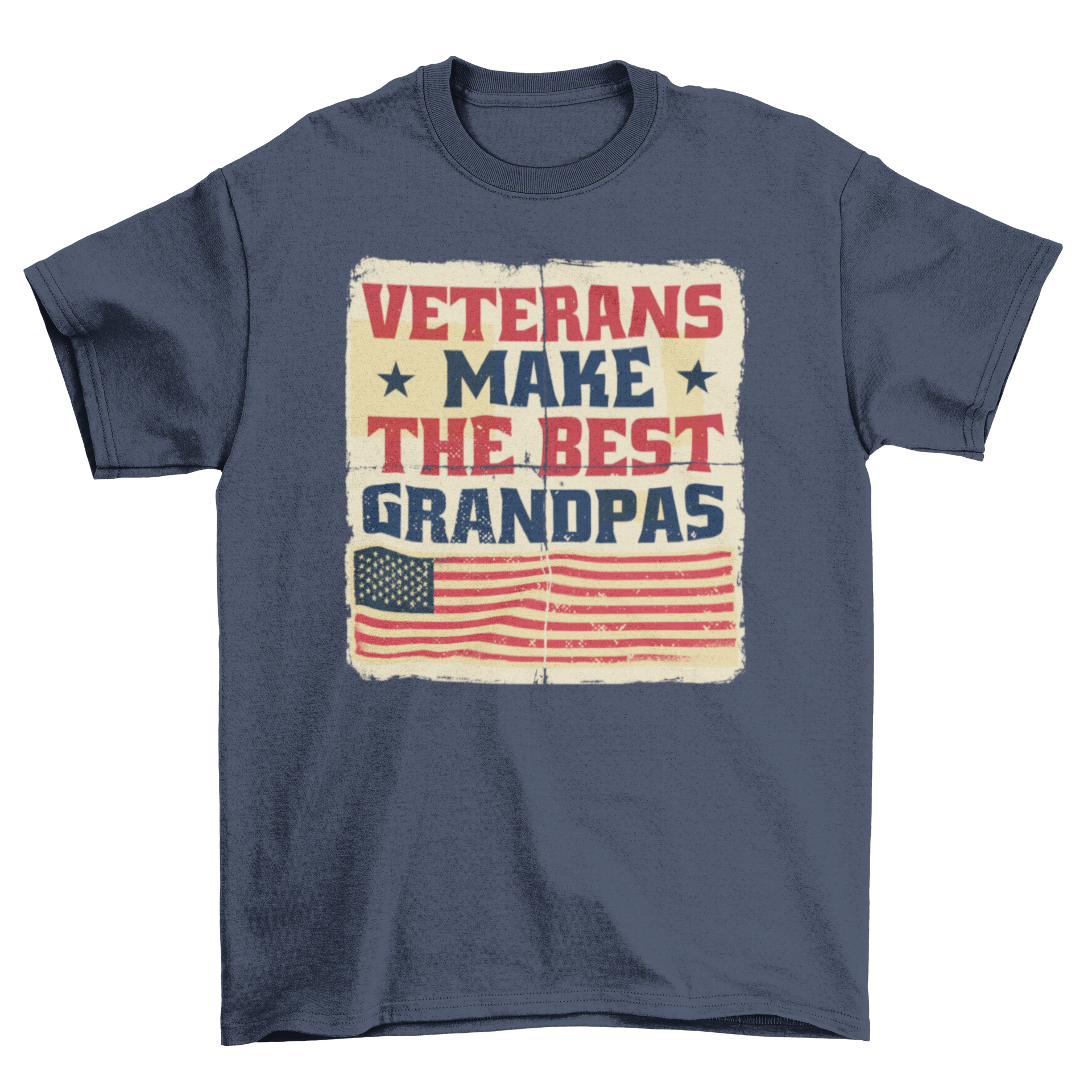 Vintage t-shirt featuring the quote 'Veterans make the best grandpas' with an American flag design.