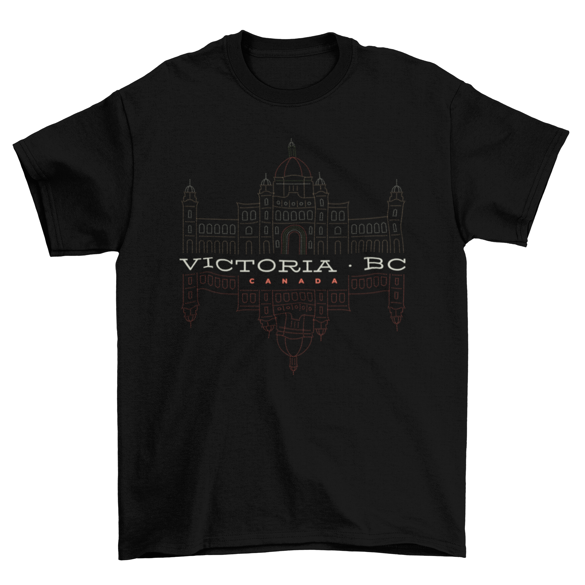 Victoria BC Canada T-shirt featuring lettering and building design.