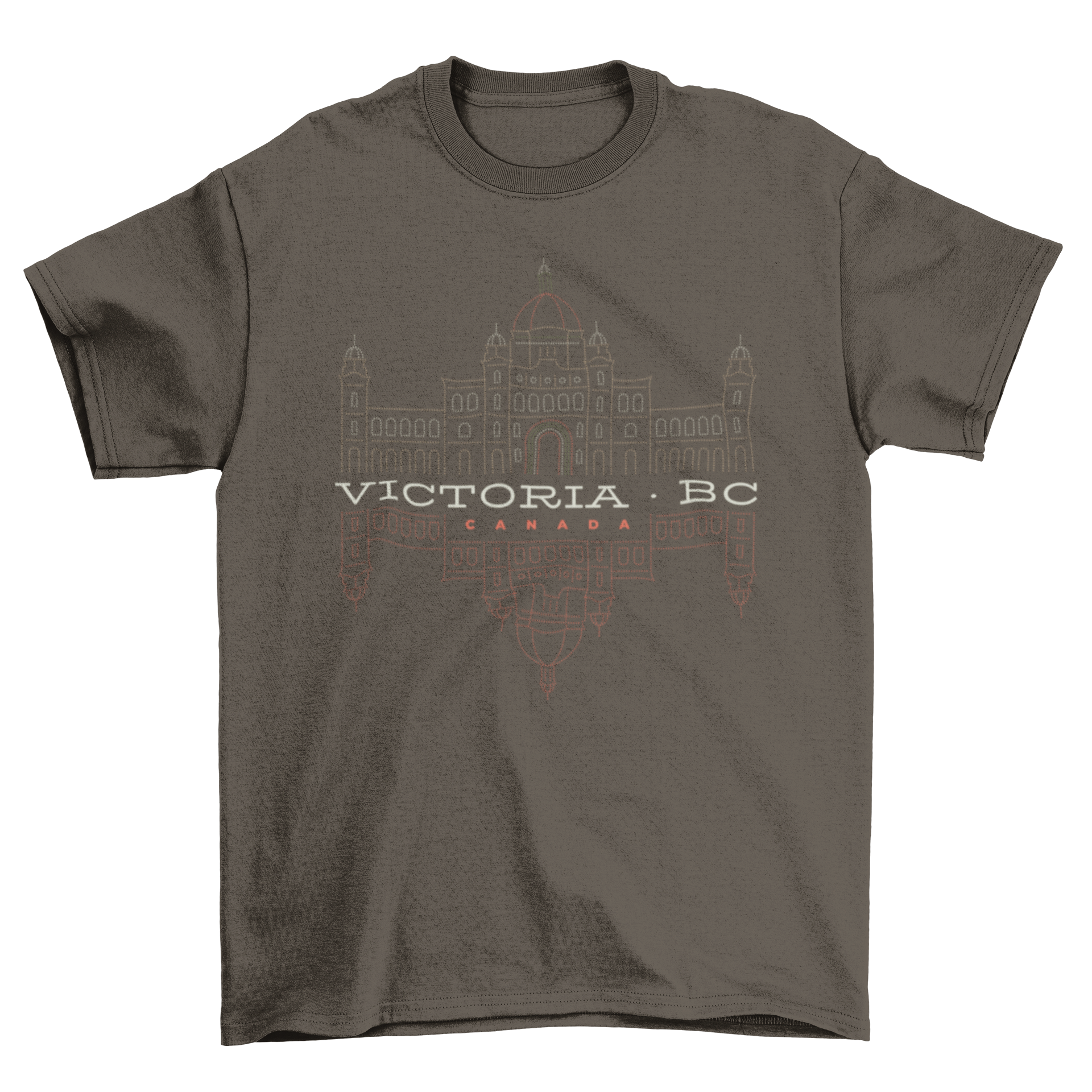 Victoria BC Canada T-shirt featuring lettering and building design.