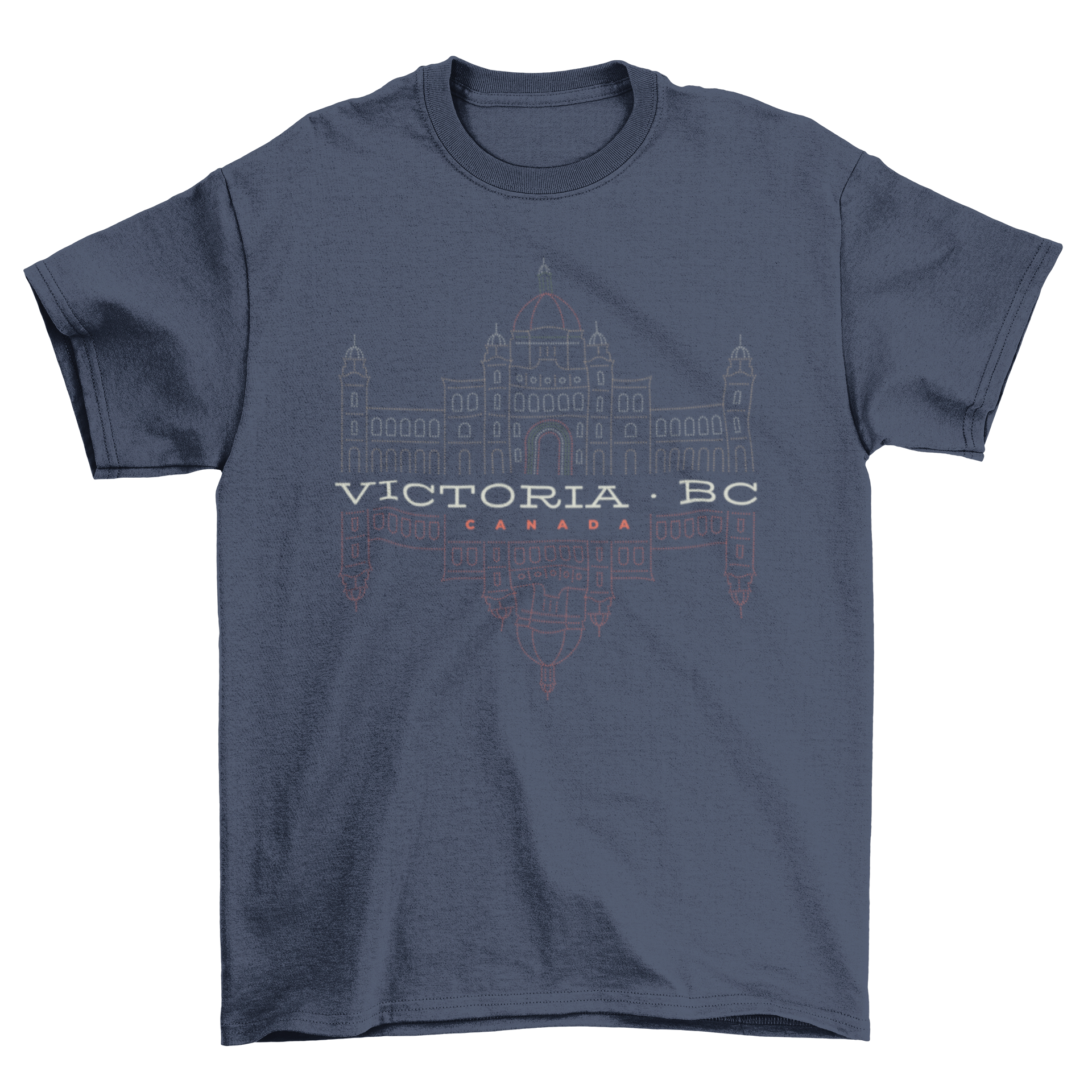 Victoria BC Canada T-shirt featuring lettering and building design.