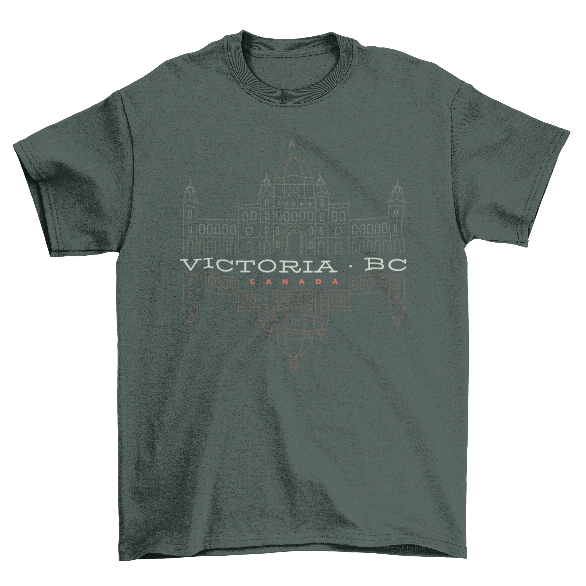 Victoria BC Canada T-shirt featuring lettering and building design.