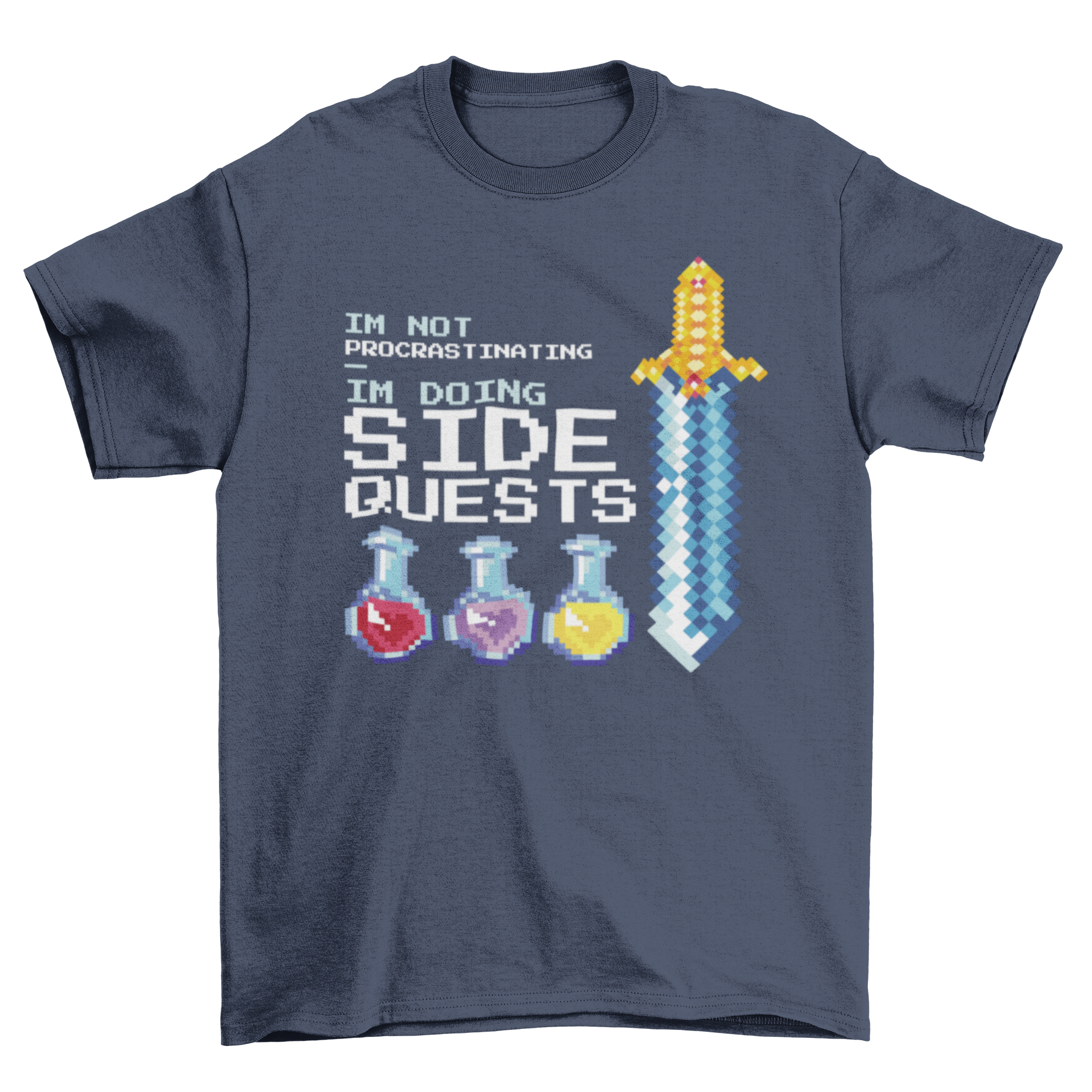 A stylish t-shirt featuring a sword and colorful potions with the quote 'I'm not procrastinating, I'm doing side quests'.