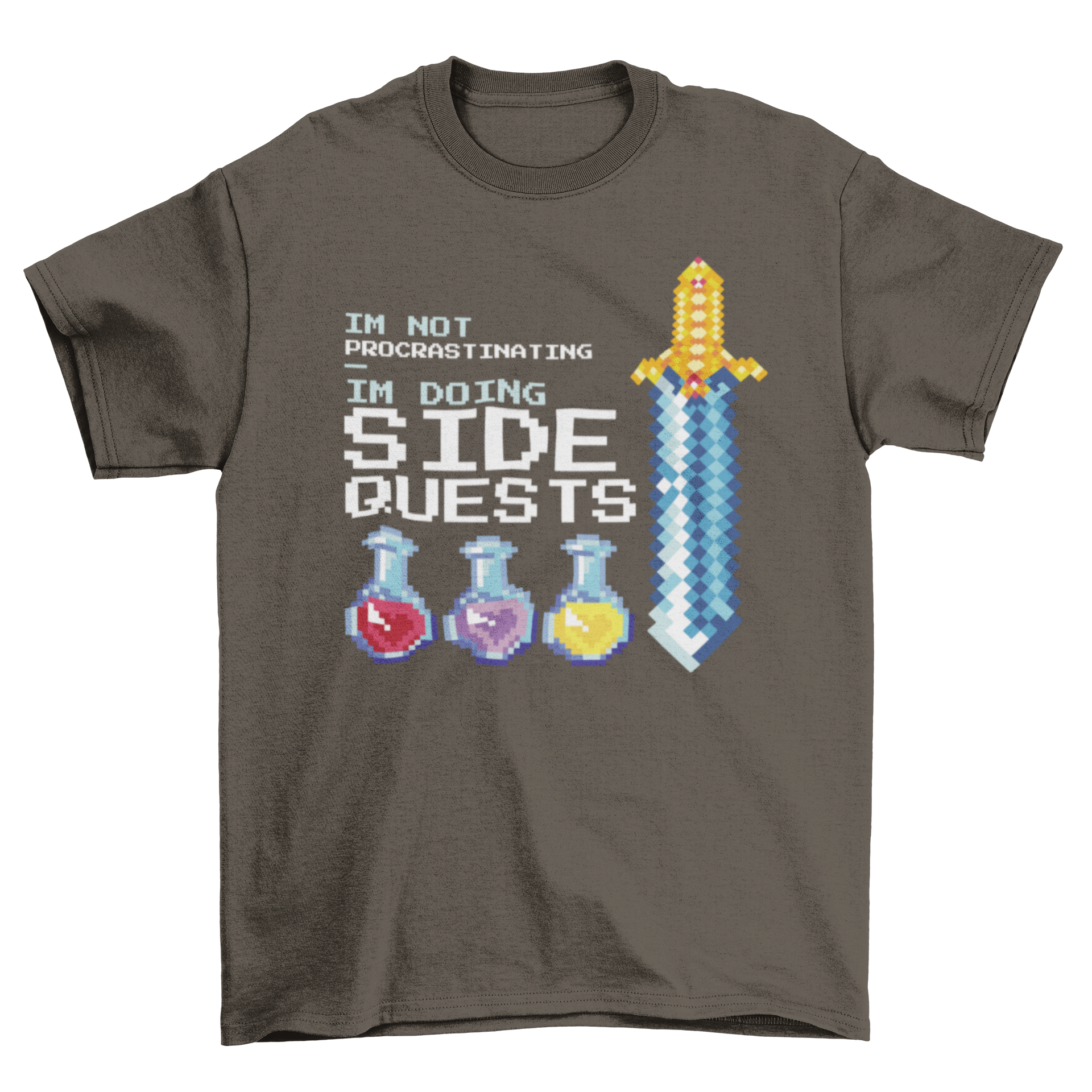 A stylish t-shirt featuring a sword and colorful potions with the quote 'I'm not procrastinating, I'm doing side quests'.