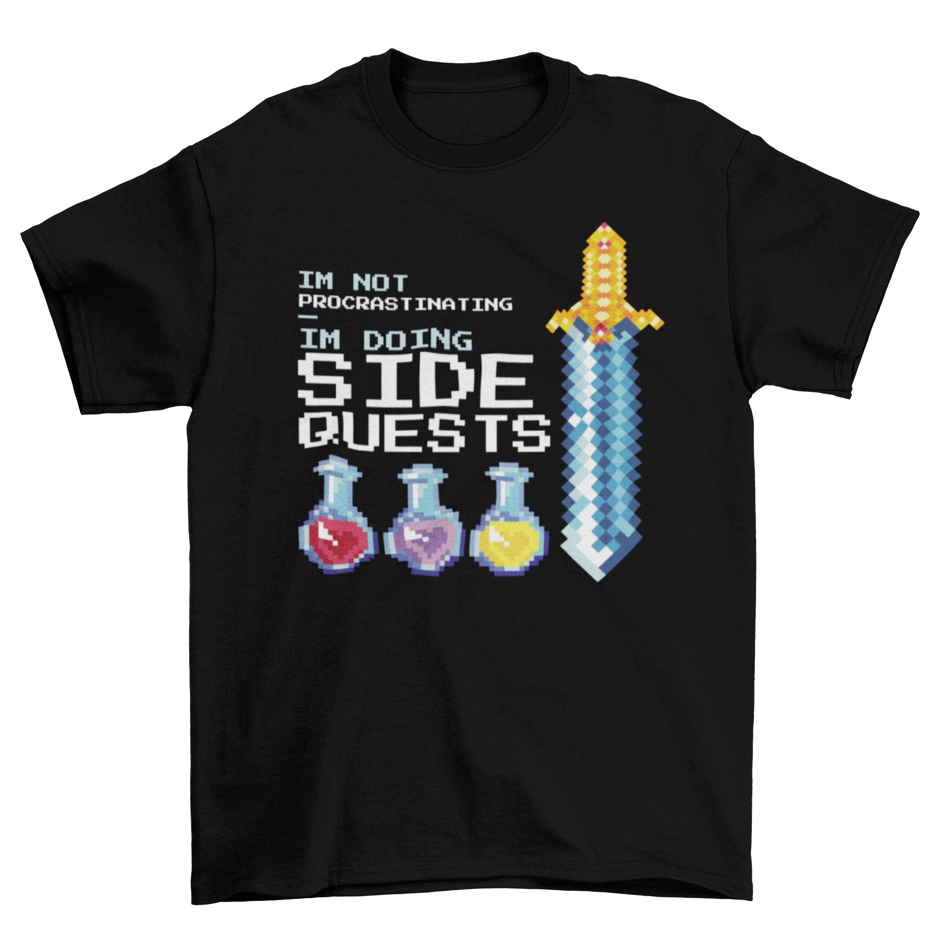 A stylish t-shirt featuring a sword and colorful potions with the quote 'I'm not procrastinating, I'm doing side quests'.