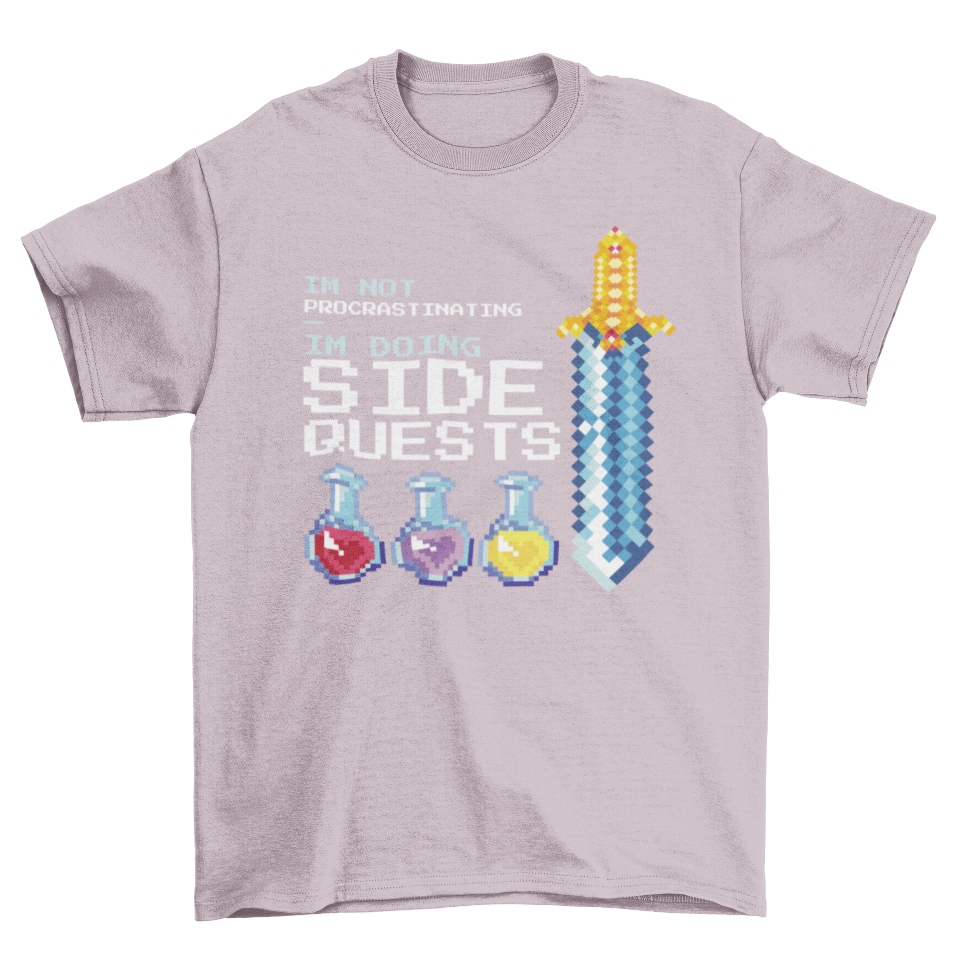 A stylish t-shirt featuring a sword and colorful potions with the quote 'I'm not procrastinating, I'm doing side quests'.