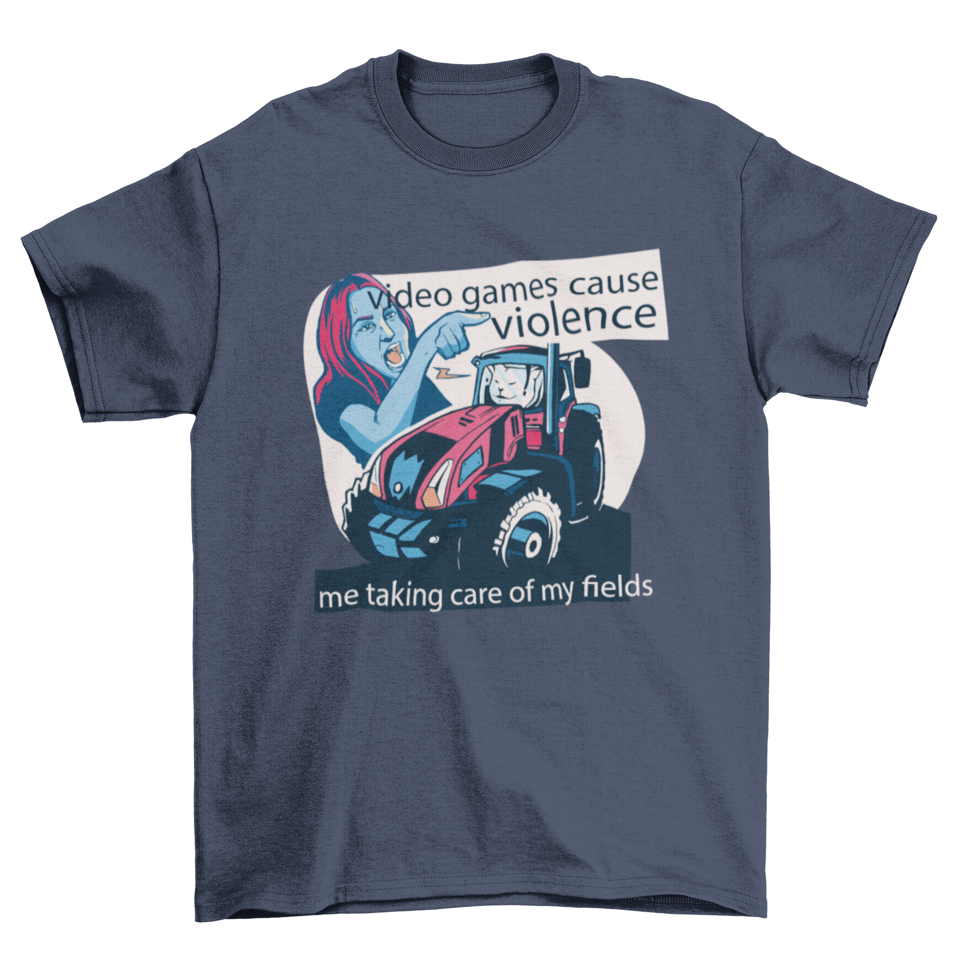Video Game Quote T-shirt featuring a woman and a cat on a tractor with humorous quotes.