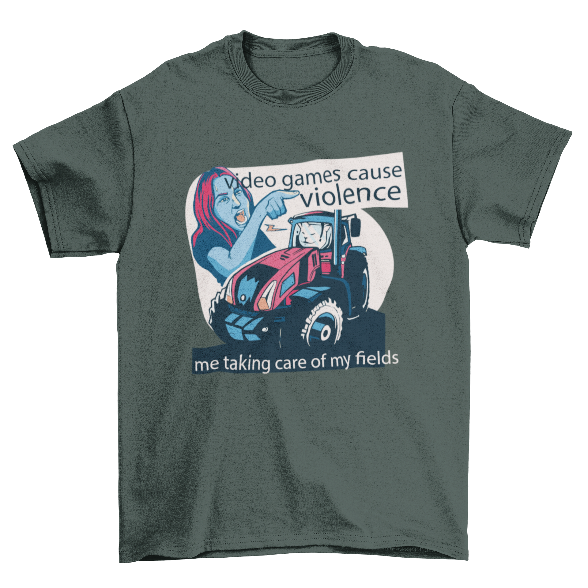 Video Game Quote T-shirt featuring a woman and a cat on a tractor with humorous quotes.