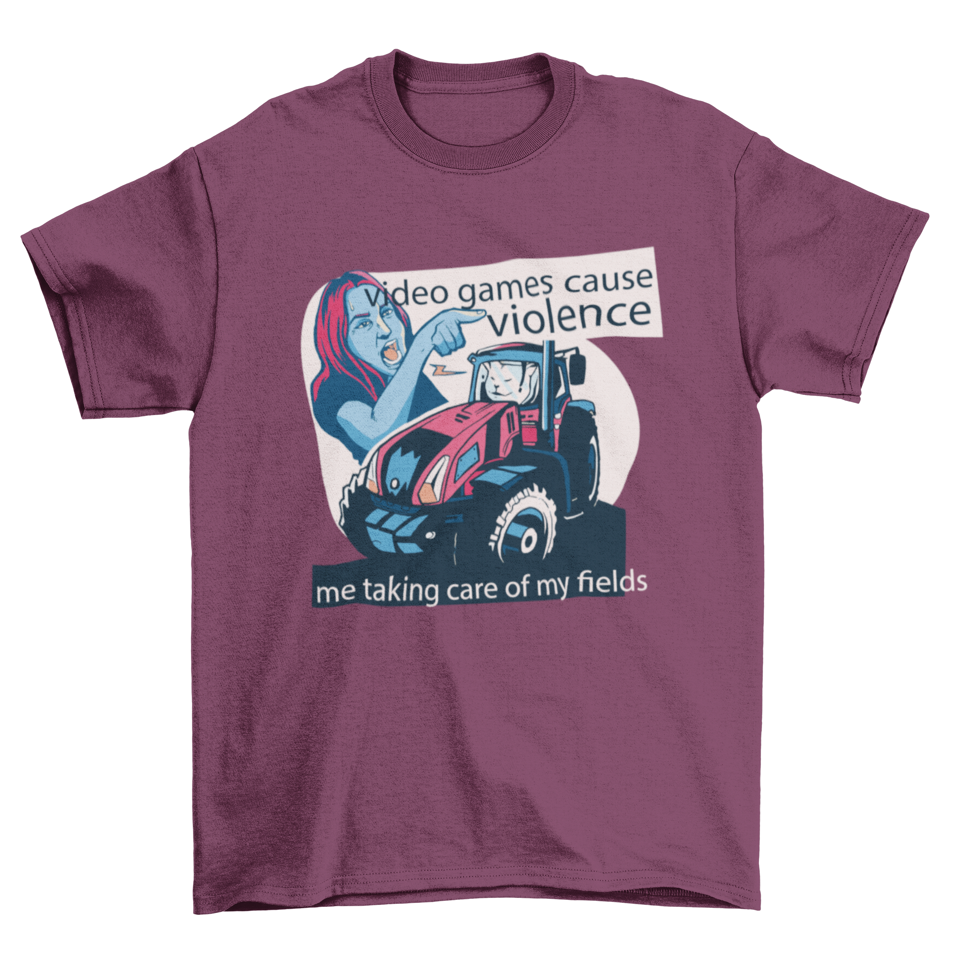Video Game Quote T-shirt featuring a woman and a cat on a tractor with humorous quotes.