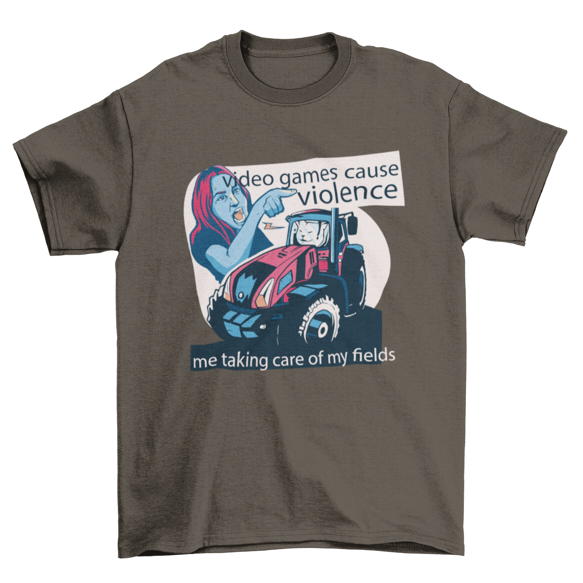 Video Game Quote T-shirt featuring a woman and a cat on a tractor with humorous quotes.