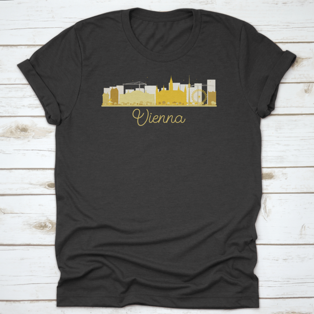 Golden silhouette vector illustration of Vienna's city skyline, showcasing iconic buildings and structures in an elegant design.