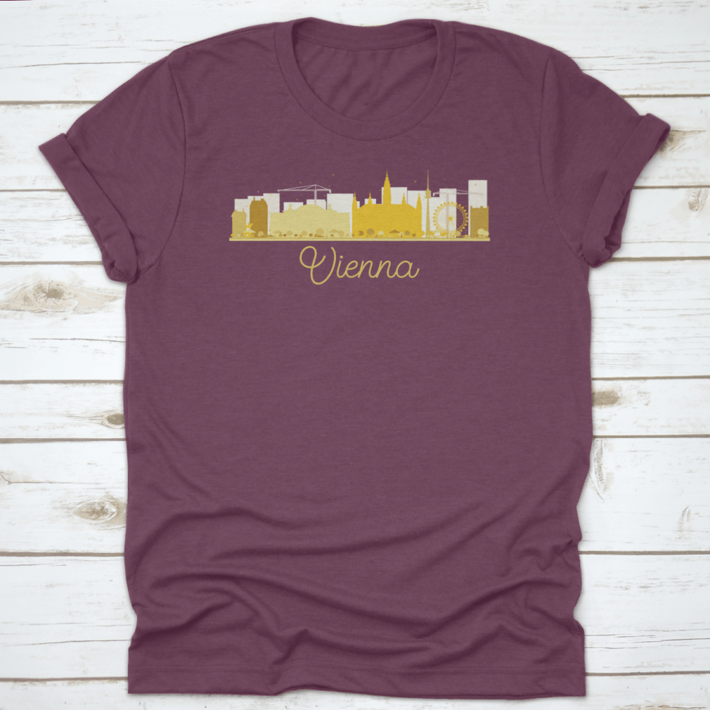 Golden silhouette vector illustration of Vienna's city skyline, showcasing iconic buildings and structures in an elegant design.