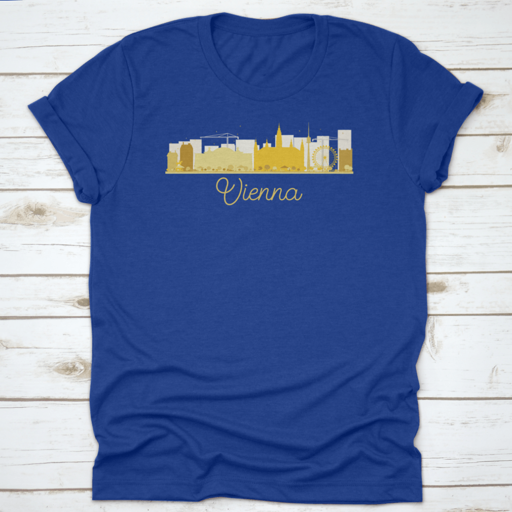 Golden silhouette vector illustration of Vienna's city skyline, showcasing iconic buildings and structures in an elegant design.
