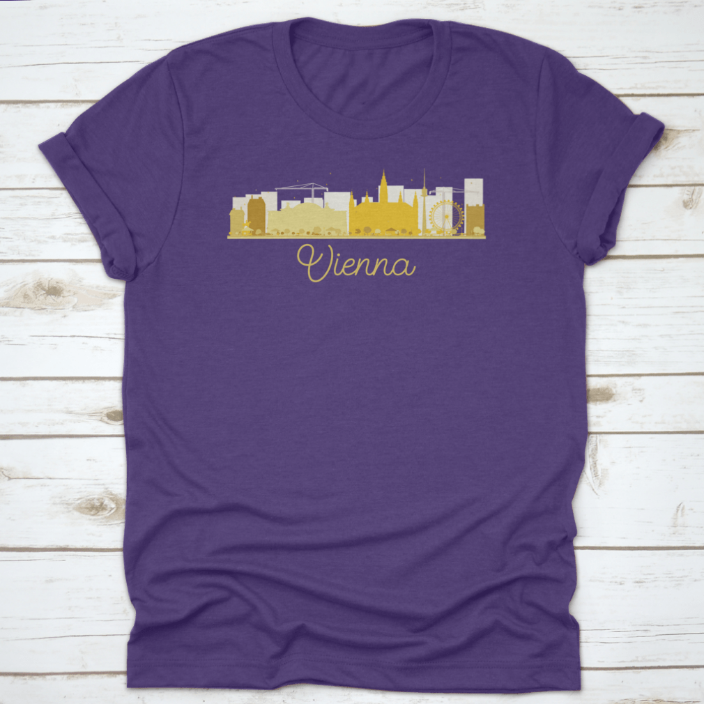 Golden silhouette vector illustration of Vienna's city skyline, showcasing iconic buildings and structures in an elegant design.