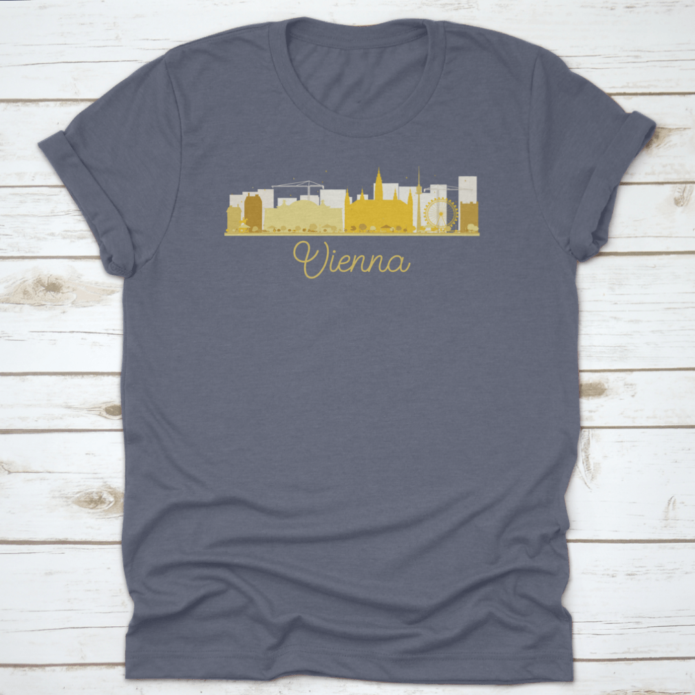 Golden silhouette vector illustration of Vienna's city skyline, showcasing iconic buildings and structures in an elegant design.