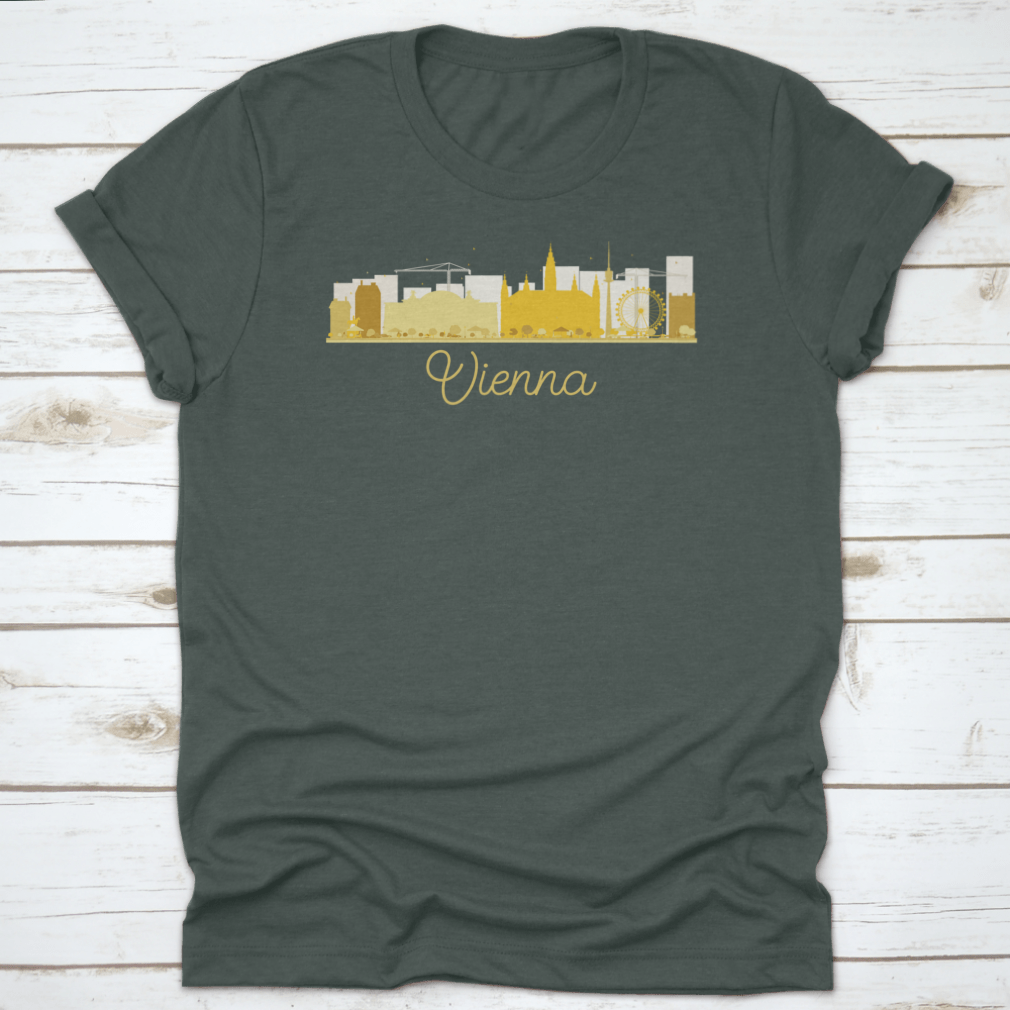 Golden silhouette vector illustration of Vienna's city skyline, showcasing iconic buildings and structures in an elegant design.