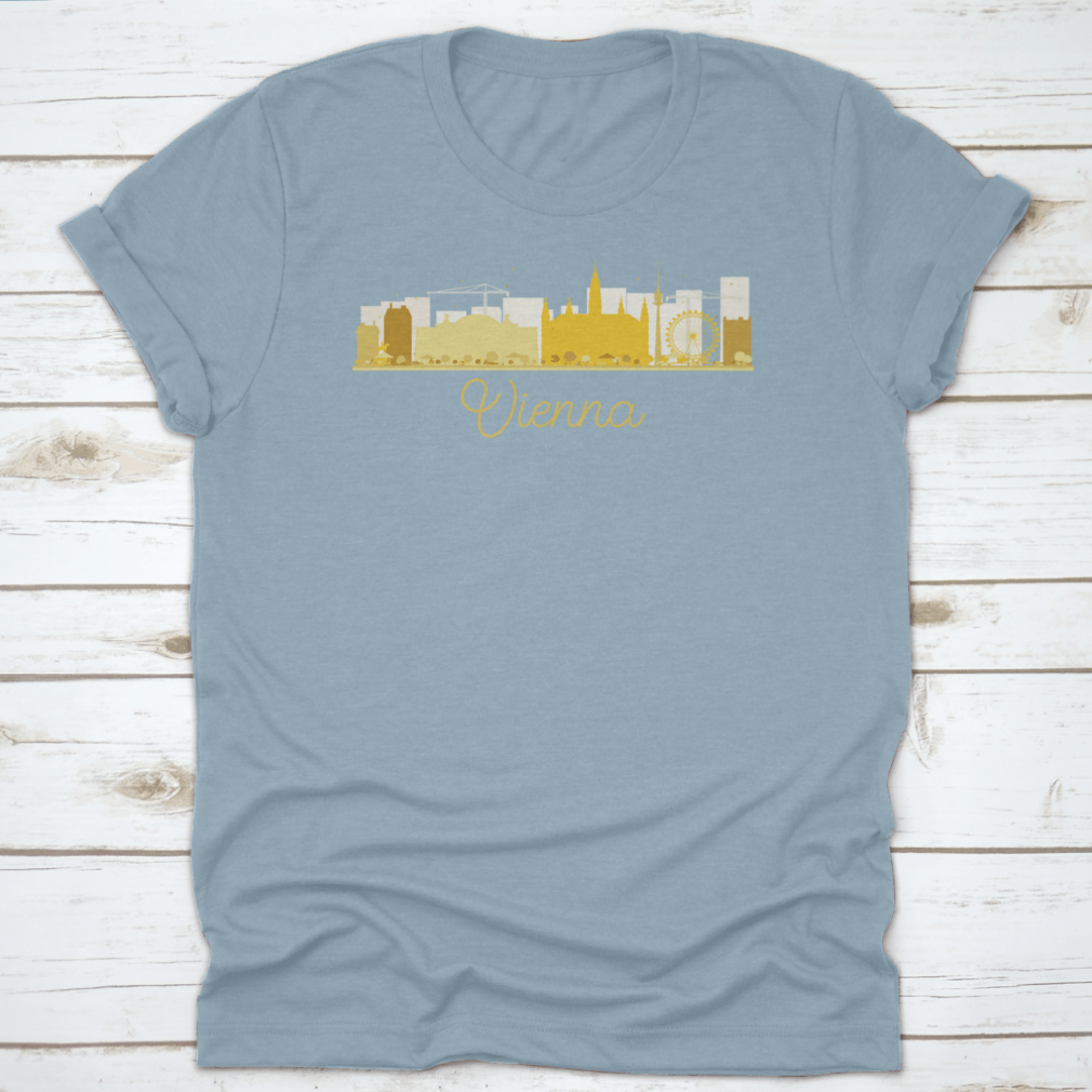 Golden silhouette vector illustration of Vienna's city skyline, showcasing iconic buildings and structures in an elegant design.