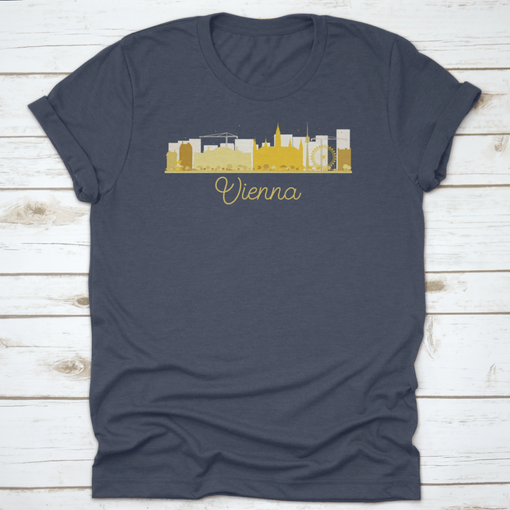 Golden silhouette vector illustration of Vienna's city skyline, showcasing iconic buildings and structures in an elegant design.