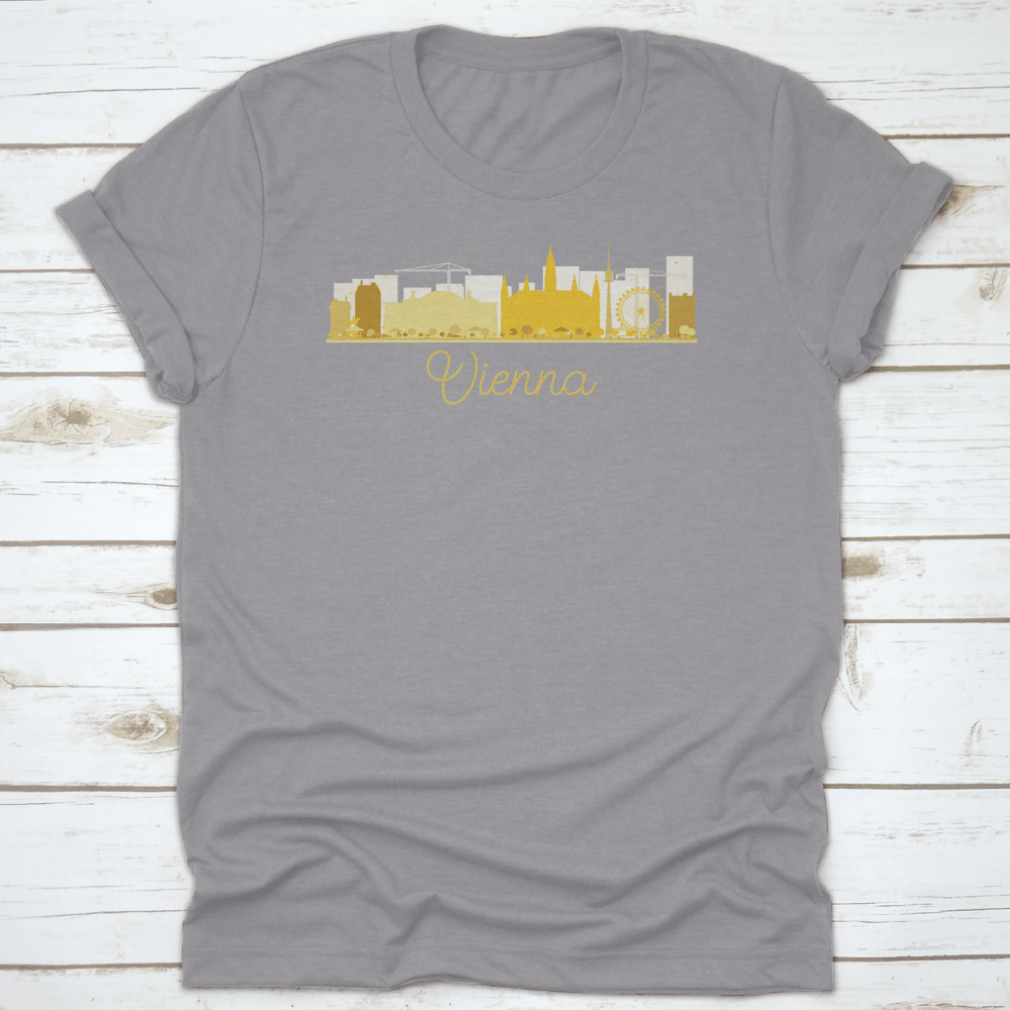 Golden silhouette vector illustration of Vienna's city skyline, showcasing iconic buildings and structures in an elegant design.