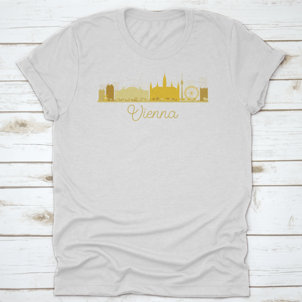 Golden silhouette vector illustration of Vienna's city skyline, showcasing iconic buildings and structures in an elegant design.