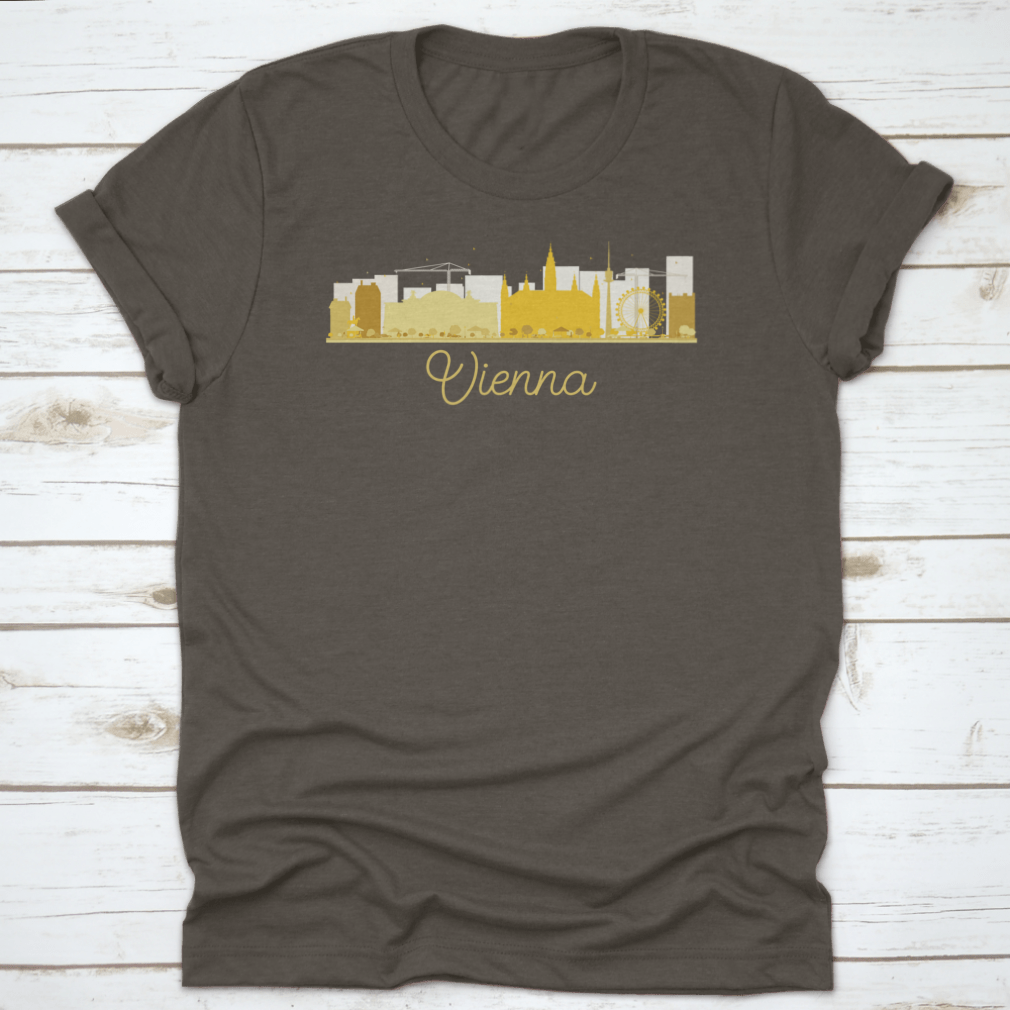 Golden silhouette vector illustration of Vienna's city skyline, showcasing iconic buildings and structures in an elegant design.