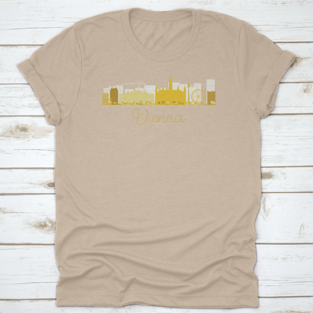 Golden silhouette vector illustration of Vienna's city skyline, showcasing iconic buildings and structures in an elegant design.