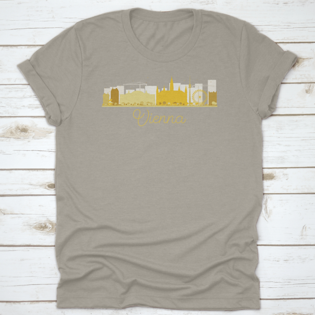 Golden silhouette vector illustration of Vienna's city skyline, showcasing iconic buildings and structures in an elegant design.