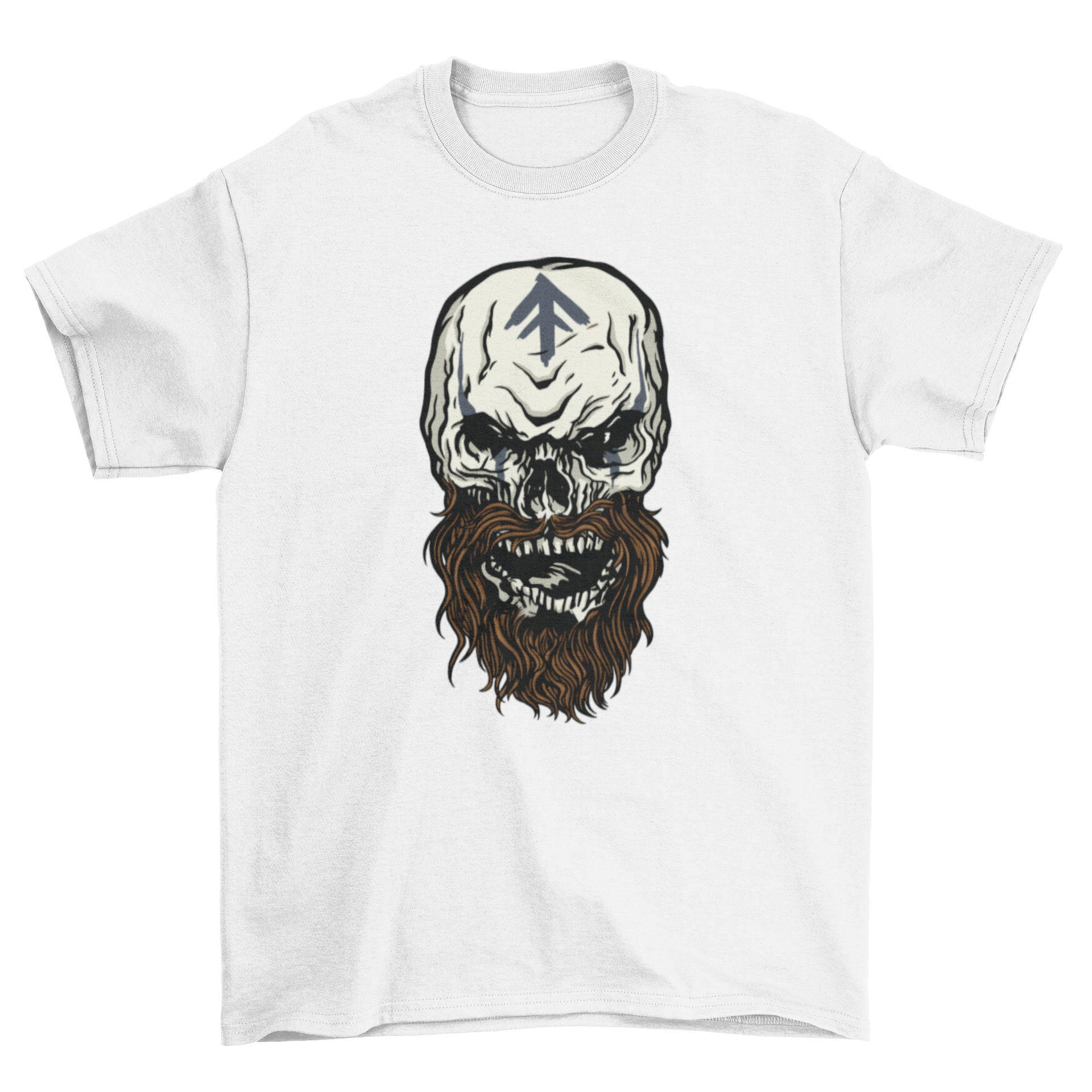 Viking skull monster t-shirt featuring a detailed skull design with a symbol on its forehead, showcasing a bold and unique graphic.