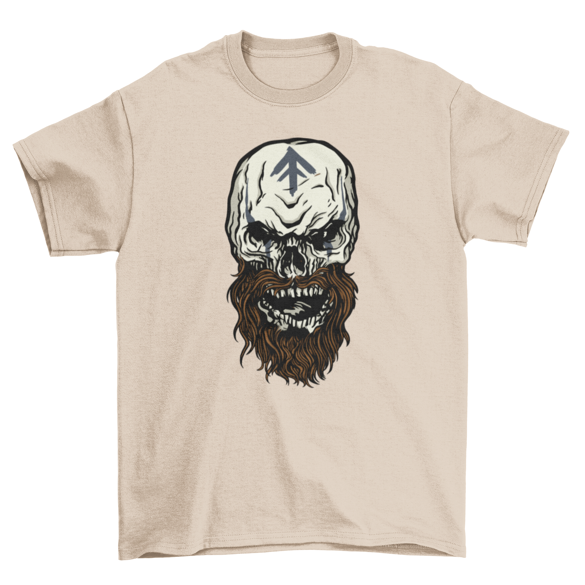 Viking skull monster t-shirt featuring a detailed skull design with a symbol on its forehead, showcasing a bold and unique graphic.