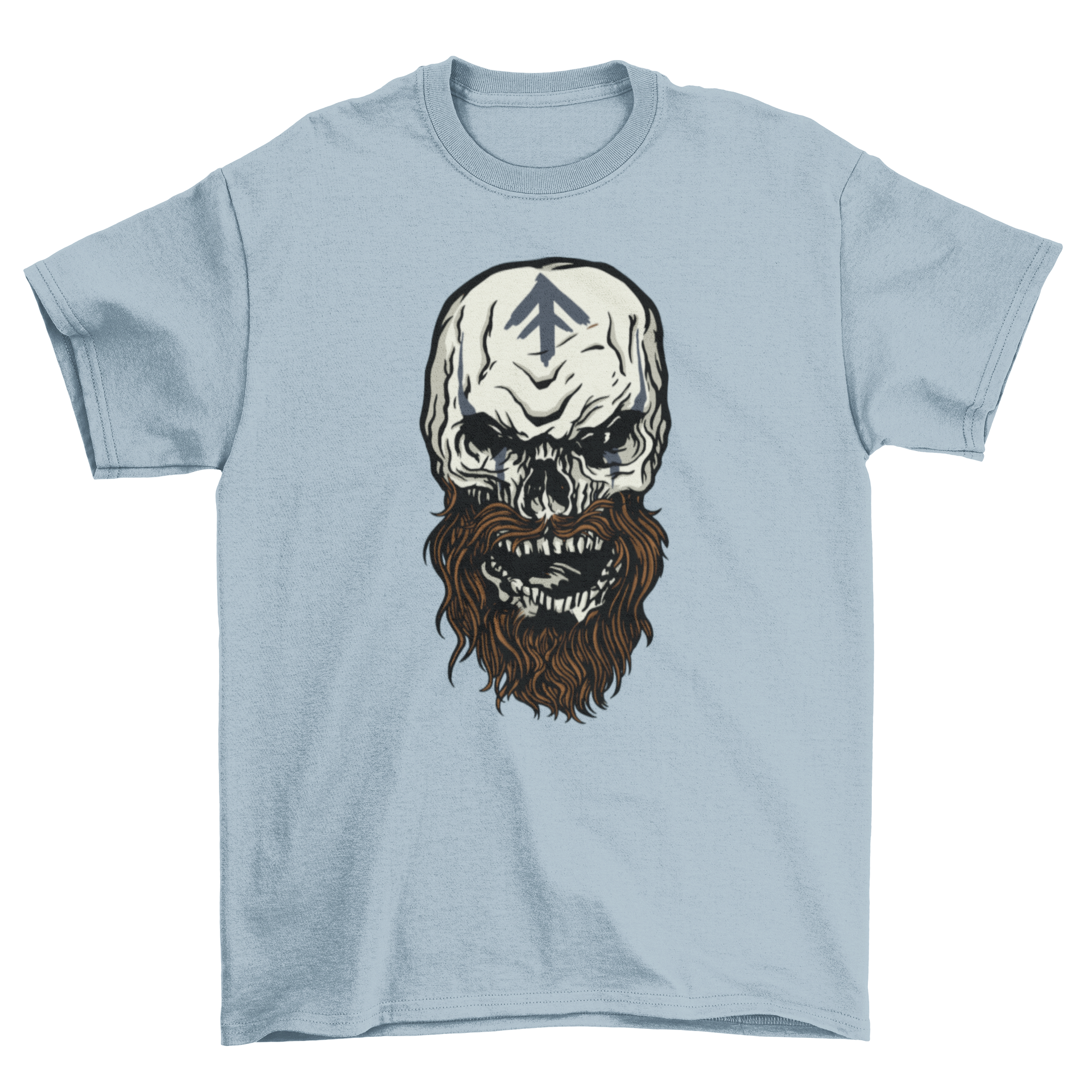 Viking skull monster t-shirt featuring a detailed skull design with a symbol on its forehead, showcasing a bold and unique graphic.