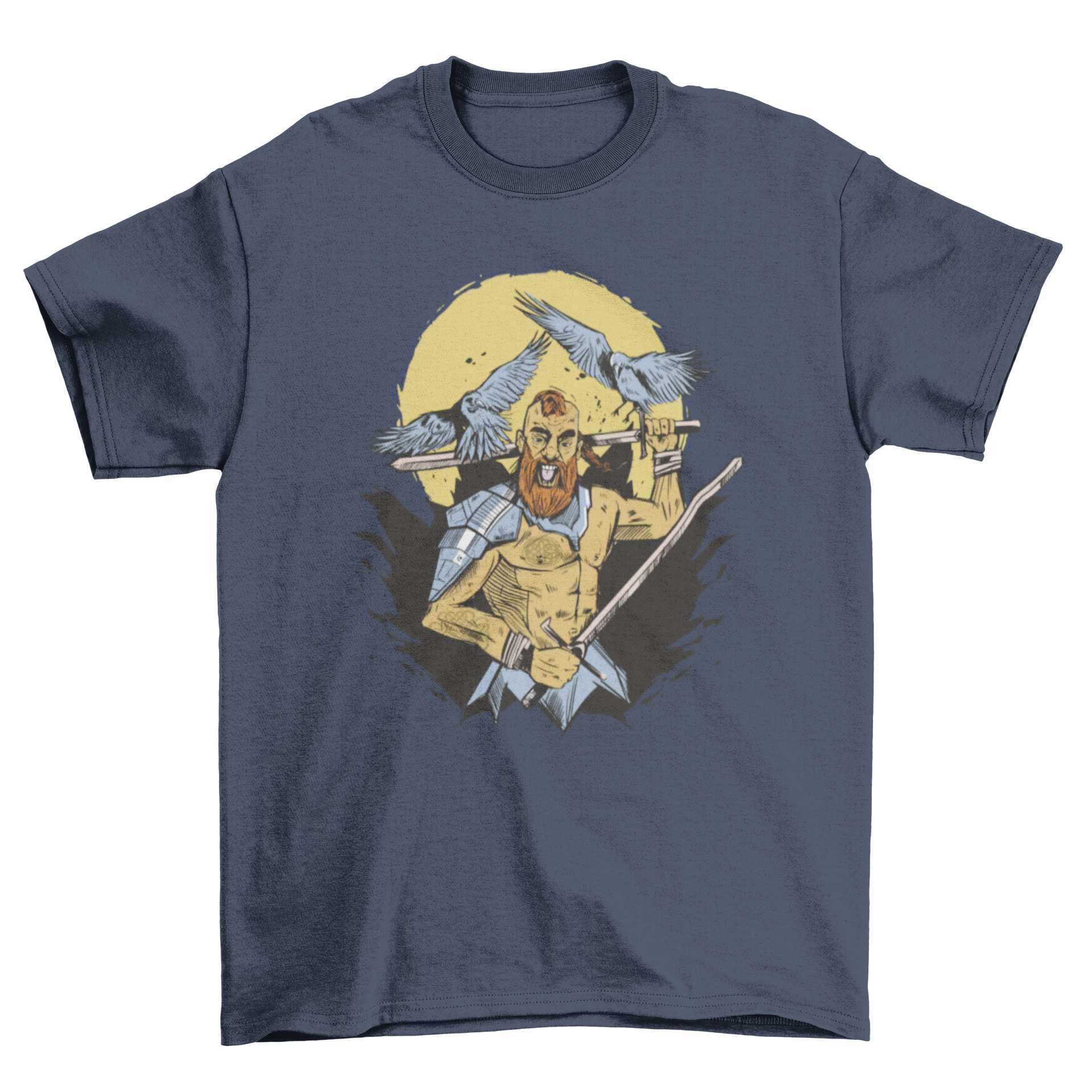 A stylish t-shirt featuring a detailed illustration of a berserker viking warrior wielding two swords, showcasing strength and bravery.