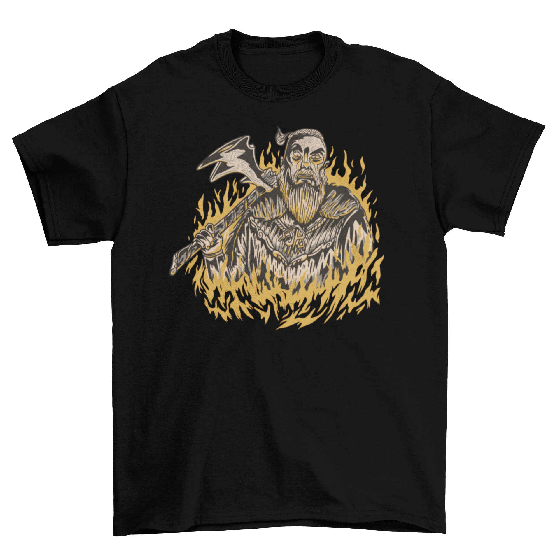 A bold t-shirt featuring a Viking warrior holding an axe, surrounded by flames, showcasing strength and bravery.