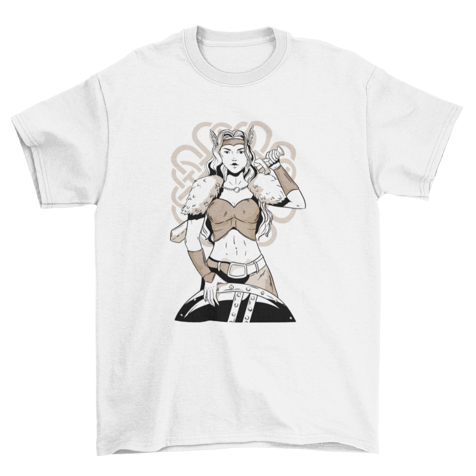 A stylish t-shirt featuring a Viking woman warrior holding a sword and shield, showcasing intricate design details.