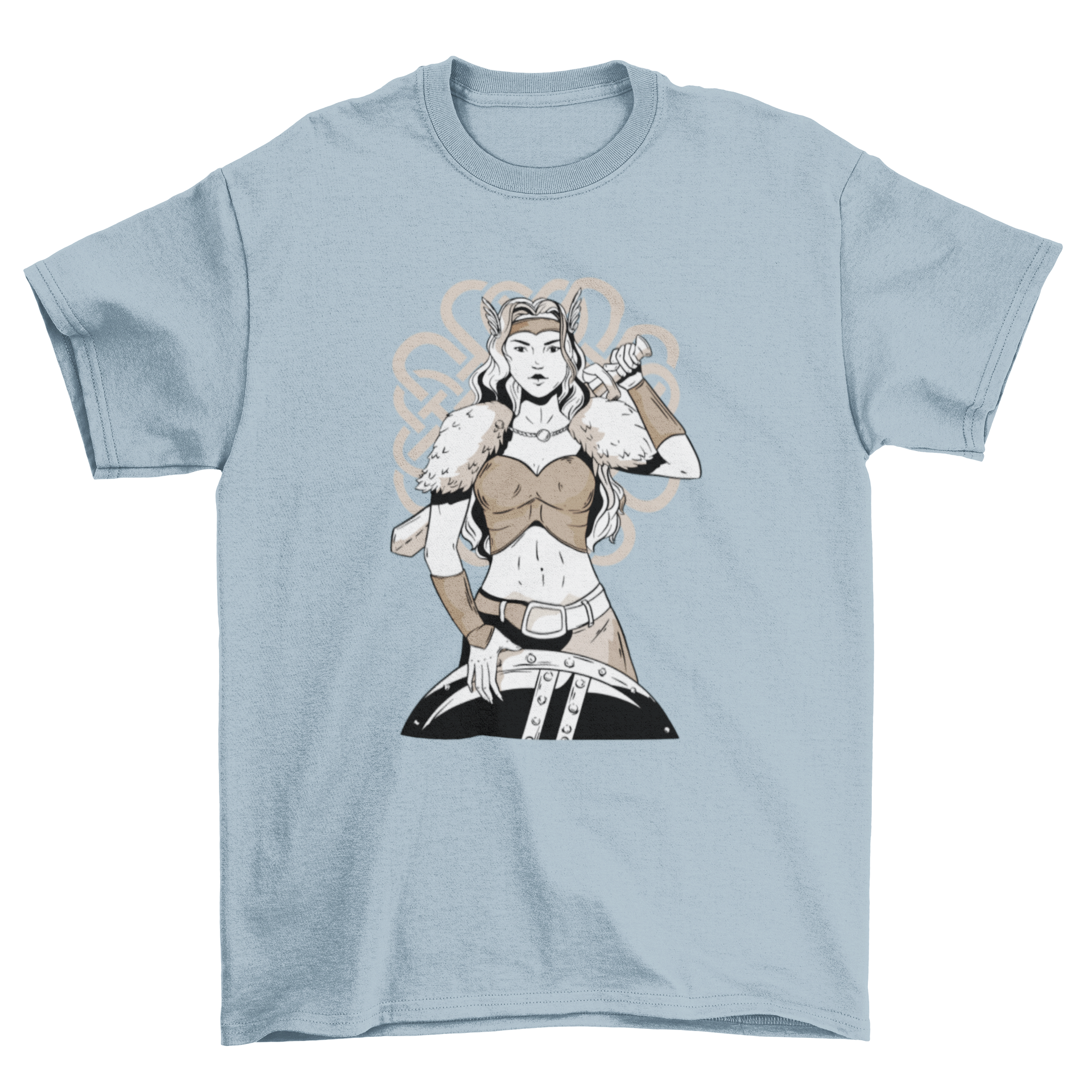 A stylish t-shirt featuring a Viking woman warrior holding a sword and shield, showcasing intricate design details.