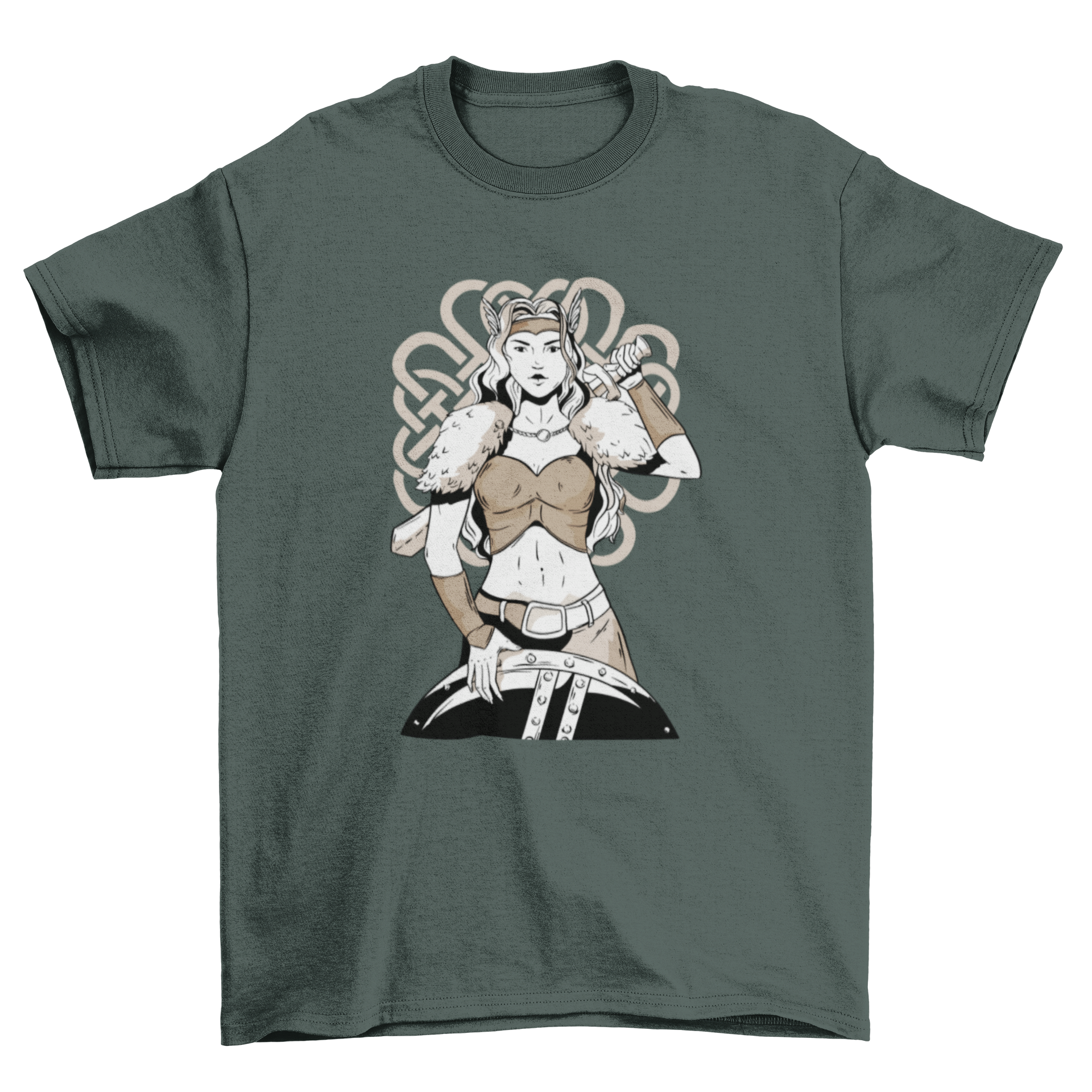 A stylish t-shirt featuring a Viking woman warrior holding a sword and shield, showcasing intricate design details.