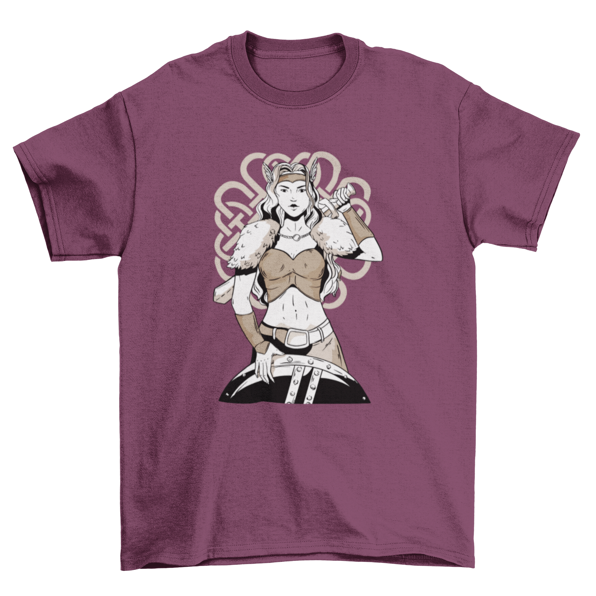 A stylish t-shirt featuring a Viking woman warrior holding a sword and shield, showcasing intricate design details.