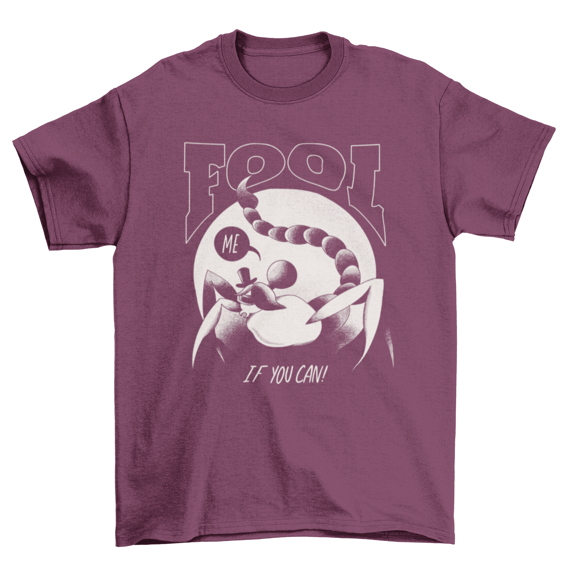 Villain scorpion t-shirt featuring a bold scorpion graphic and the quote 'Fool me if you can'.