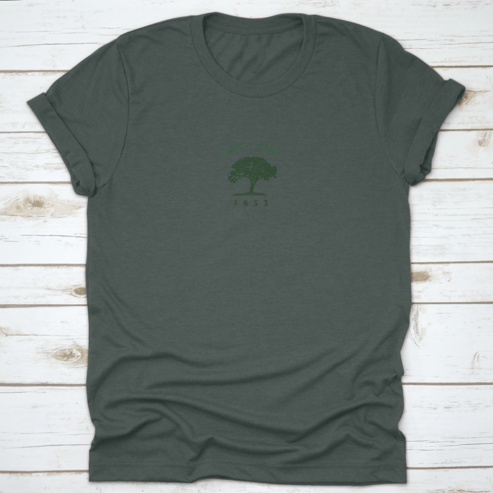 Vintage 1852 Oakland Flag T-shirt featuring an oak tree logo, showcasing a classic design on a comfortable cotton fabric.