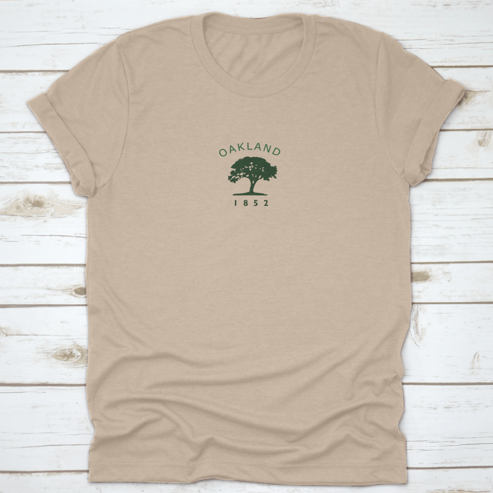 Vintage 1852 Oakland Flag T-shirt featuring an oak tree logo, showcasing a classic design on a comfortable cotton fabric.