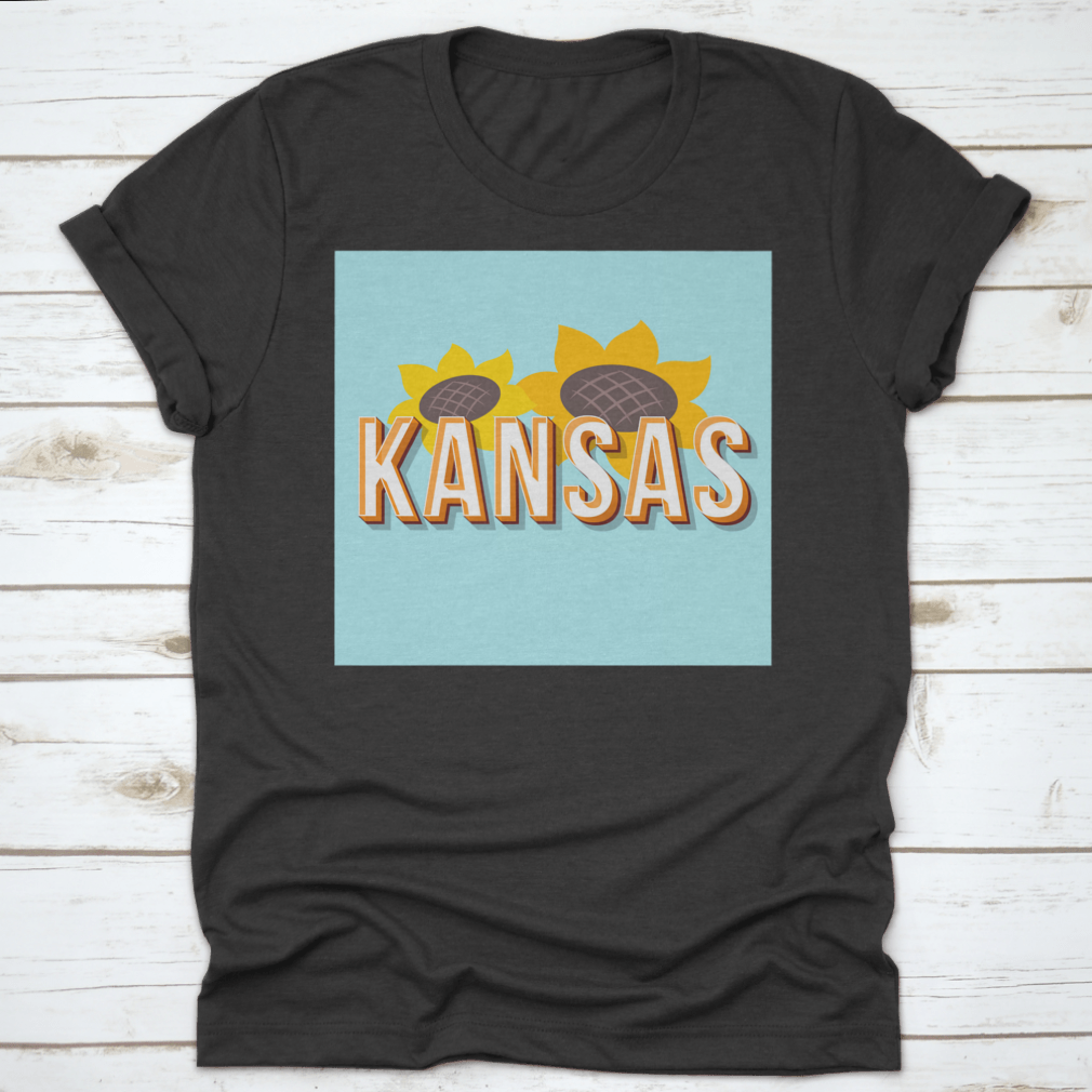 Vintage 3D Lettering T-shirt featuring Kansas design with sunflower element, showcasing a classic fit and high-quality fabric.