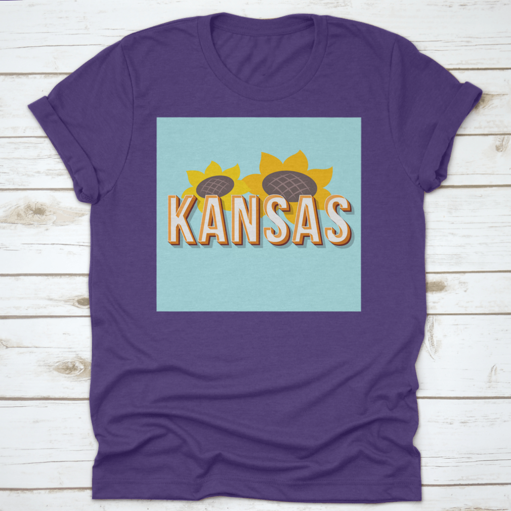 Vintage 3D Lettering T-shirt featuring Kansas design with sunflower element, showcasing a classic fit and high-quality fabric.