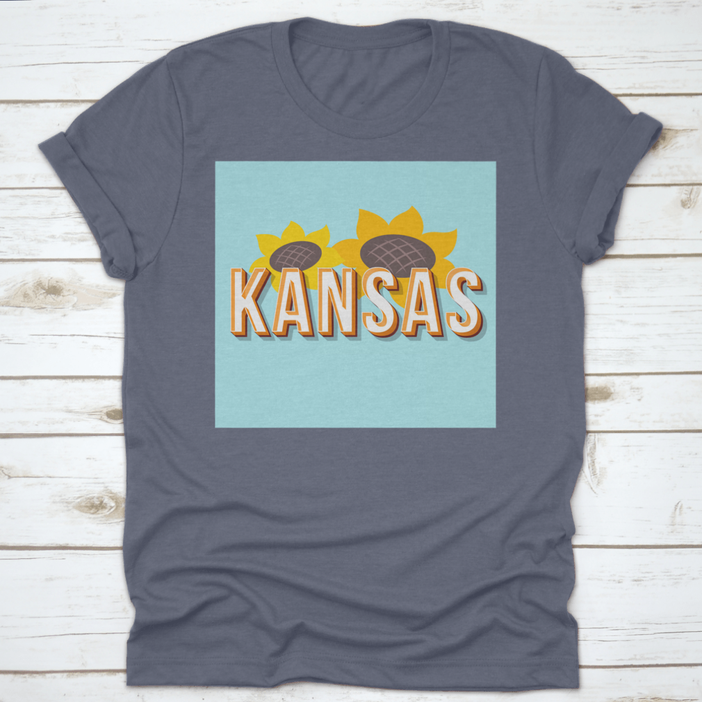 Vintage 3D Lettering T-shirt featuring Kansas design with sunflower element, showcasing a classic fit and high-quality fabric.