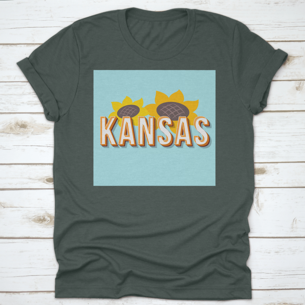 Vintage 3D Lettering T-shirt featuring Kansas design with sunflower element, showcasing a classic fit and high-quality fabric.
